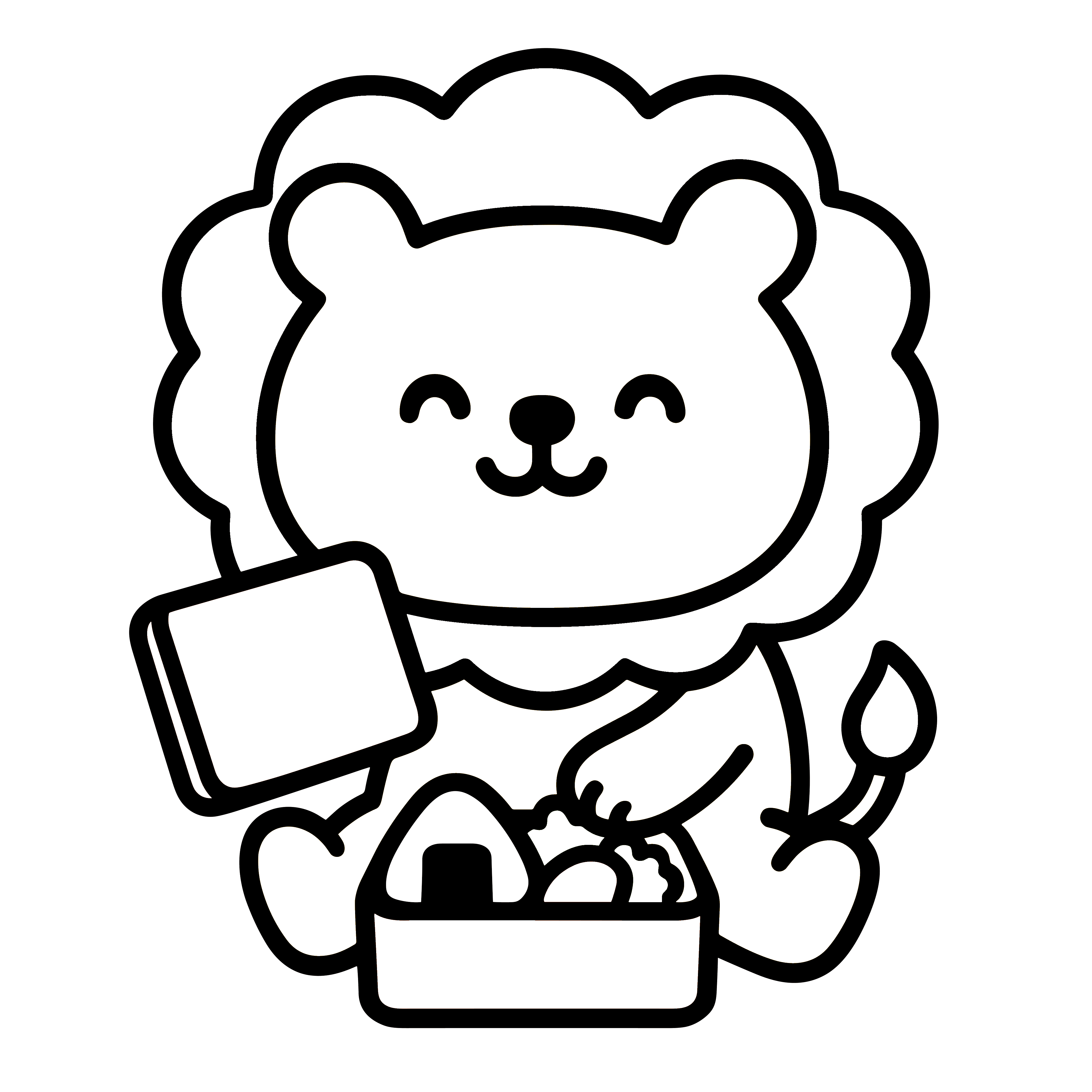 かわいいお弁当をひらくライオンのイラスト。簡単で無料の白黒(モノクロ)素材。ダウンロードして使えるアイコンです。
