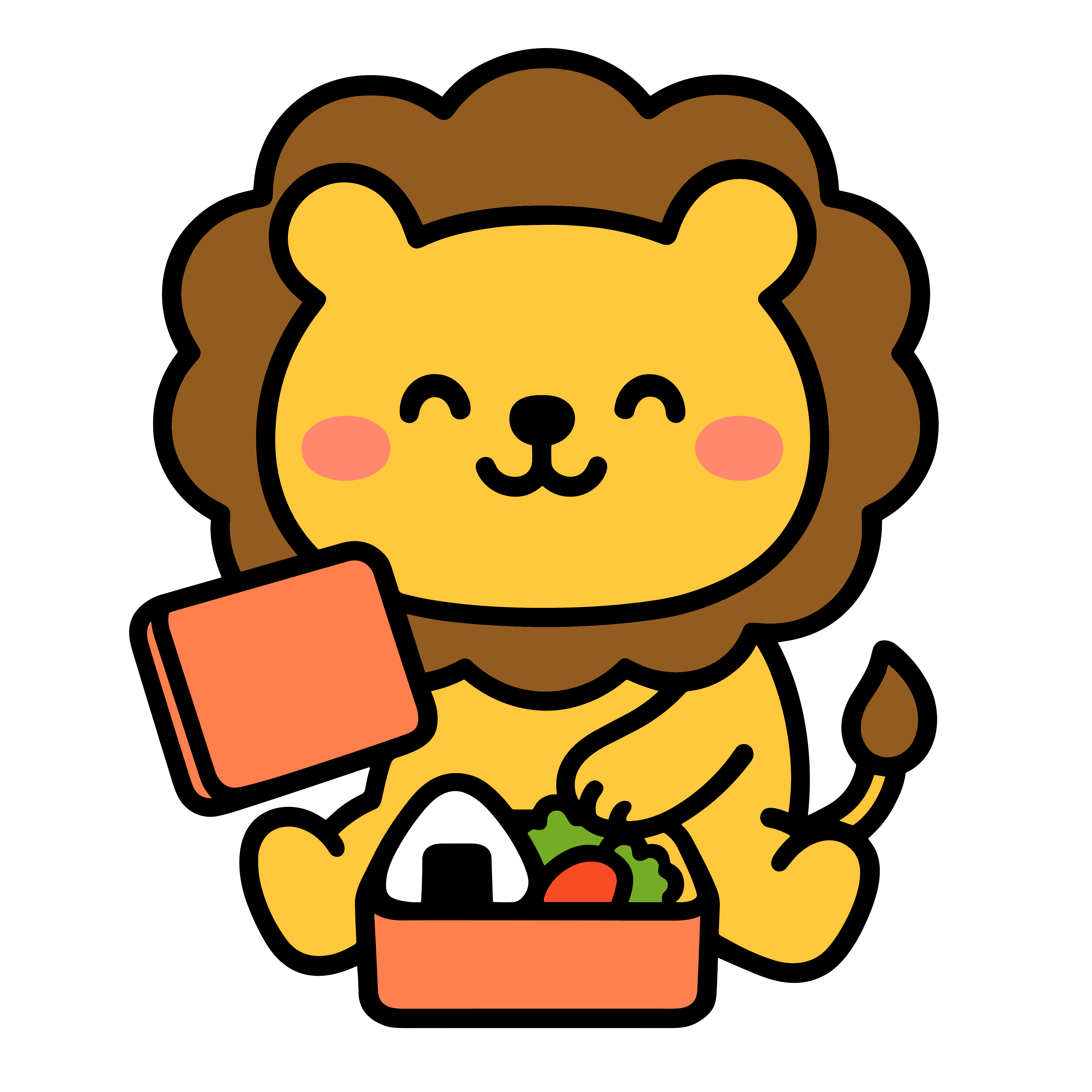 かわいいお弁当をひらくライオンのイラスト。簡単で無料の背景透過素材。ダウンロードしてアイコンにも使えます。