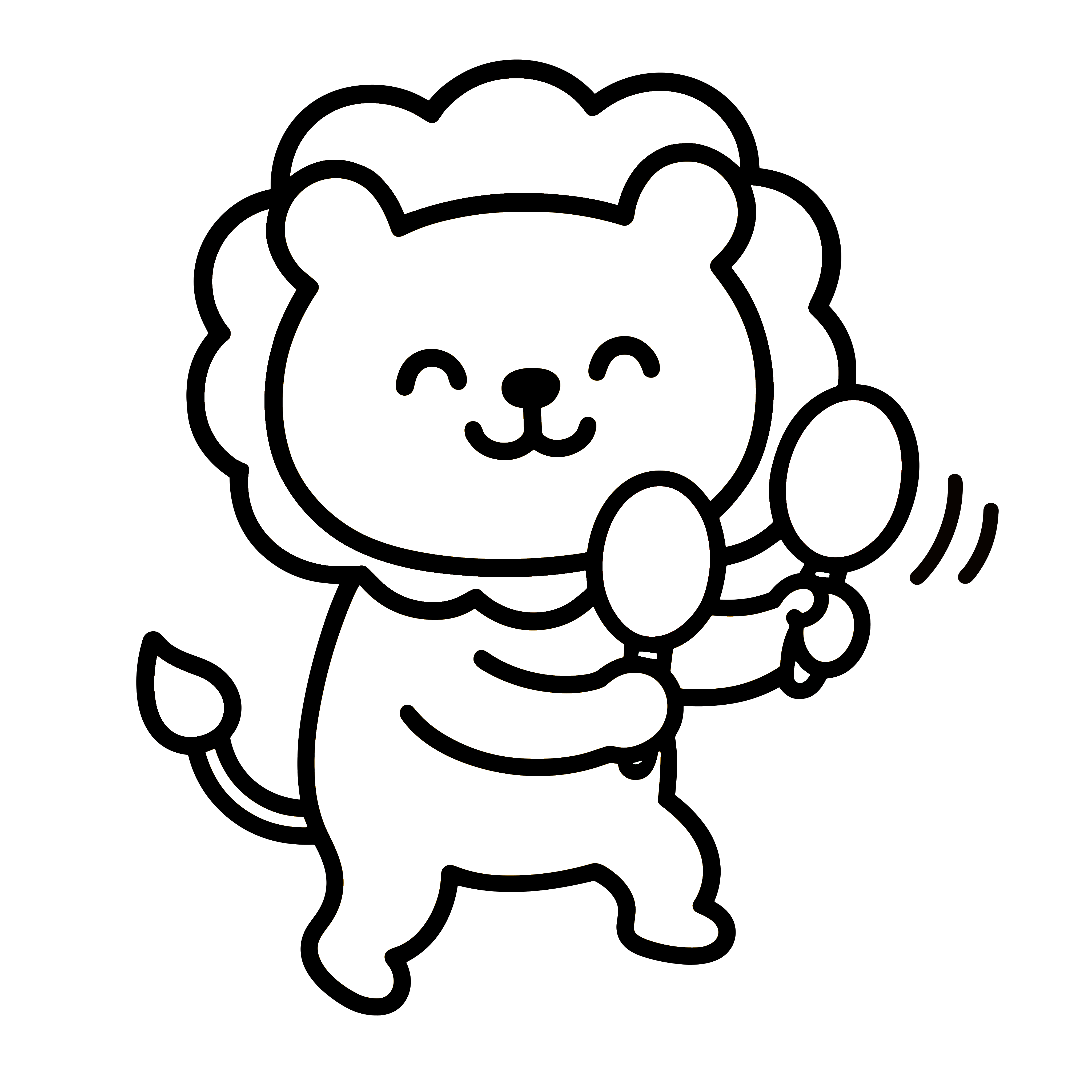 かわいいライオンのイラスト。簡単で無料の白黒(モノクロ)素材。ダウンロードして使えるアイコンです。