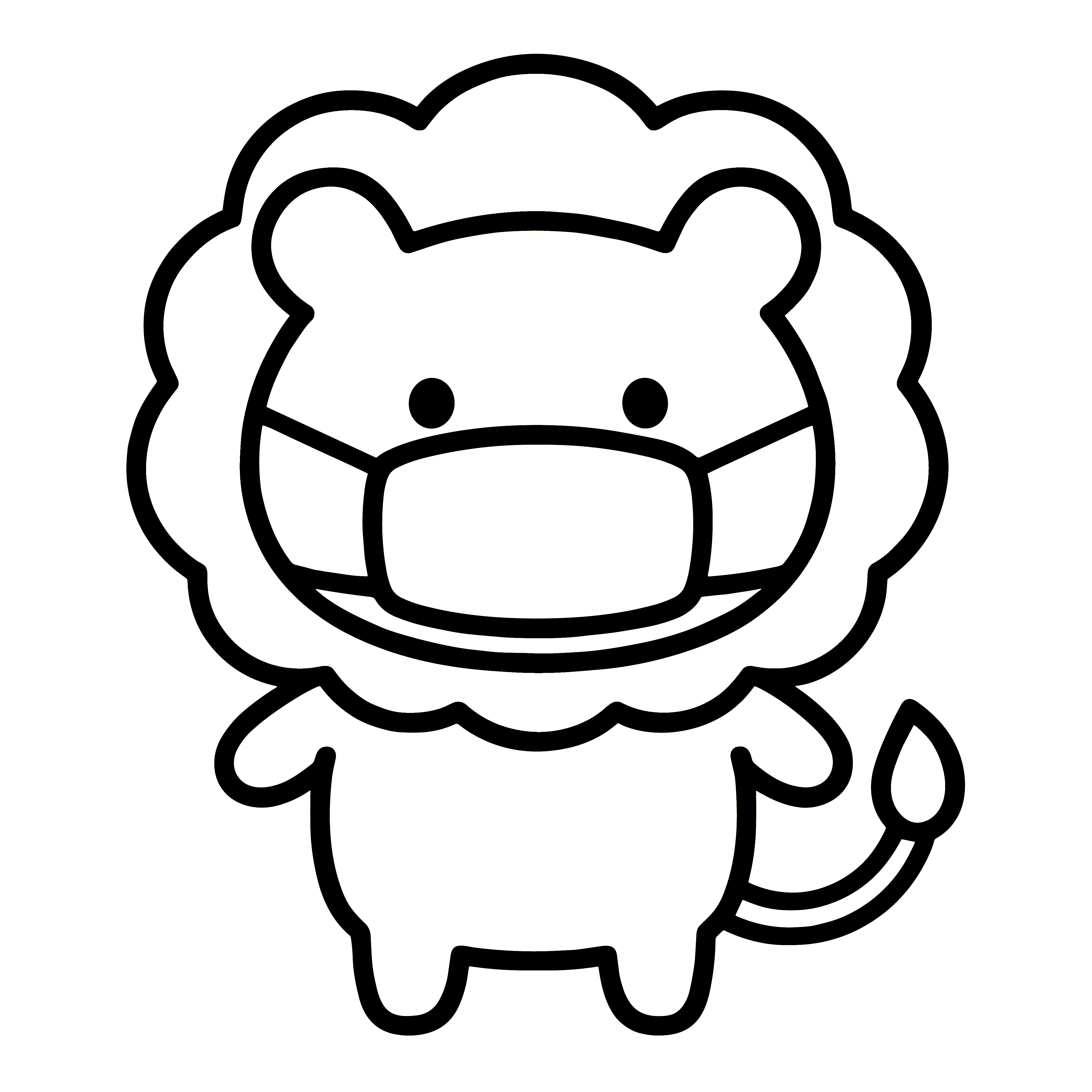 かわいいマスクライオンのイラスト。簡単で無料の白黒(モノクロ)素材。ダウンロードして使えるアイコンです。