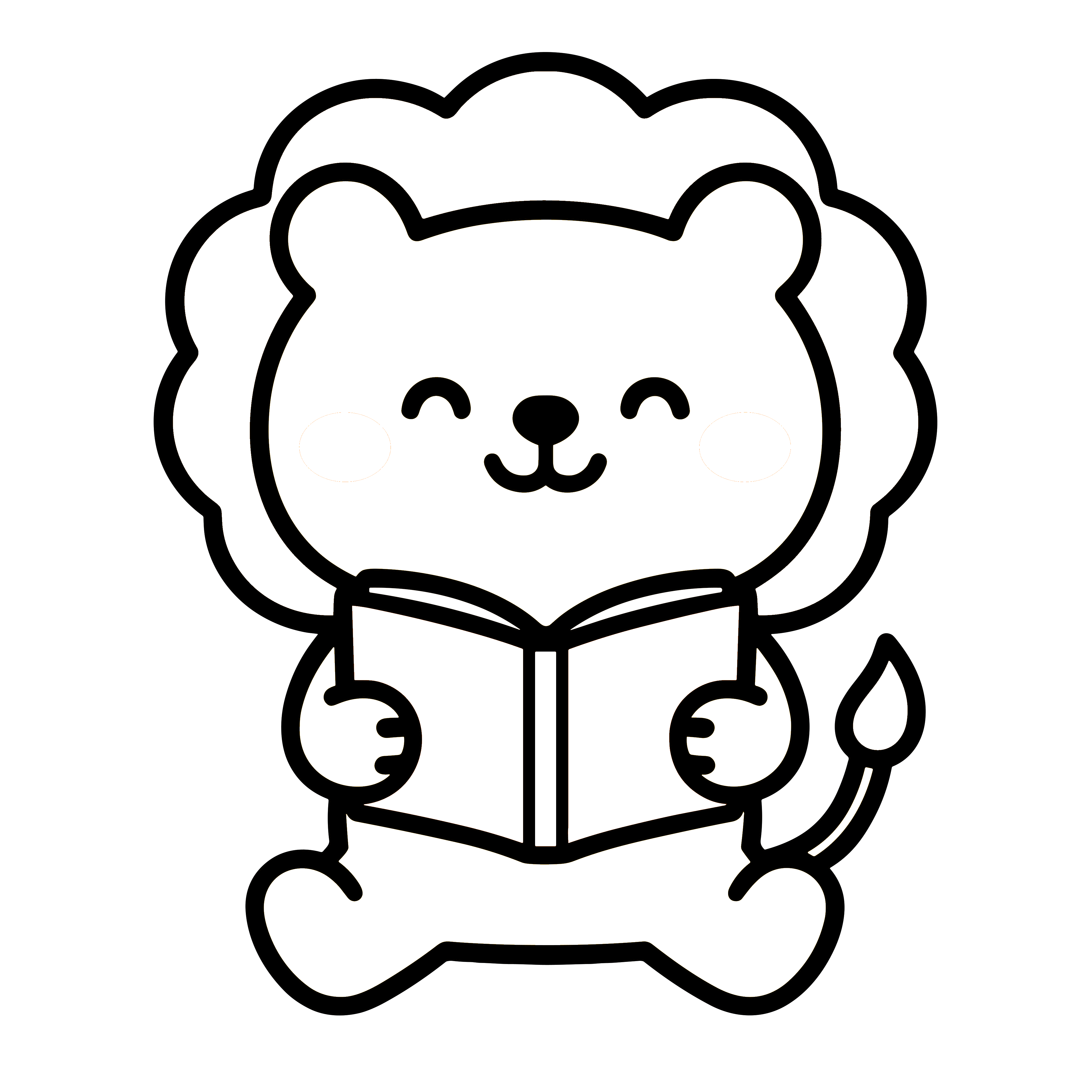 かわいい絵本を読んでいるライオンのイラスト。簡単で無料の白黒(モノクロ)素材。ダウンロードして使えるアイコンです。