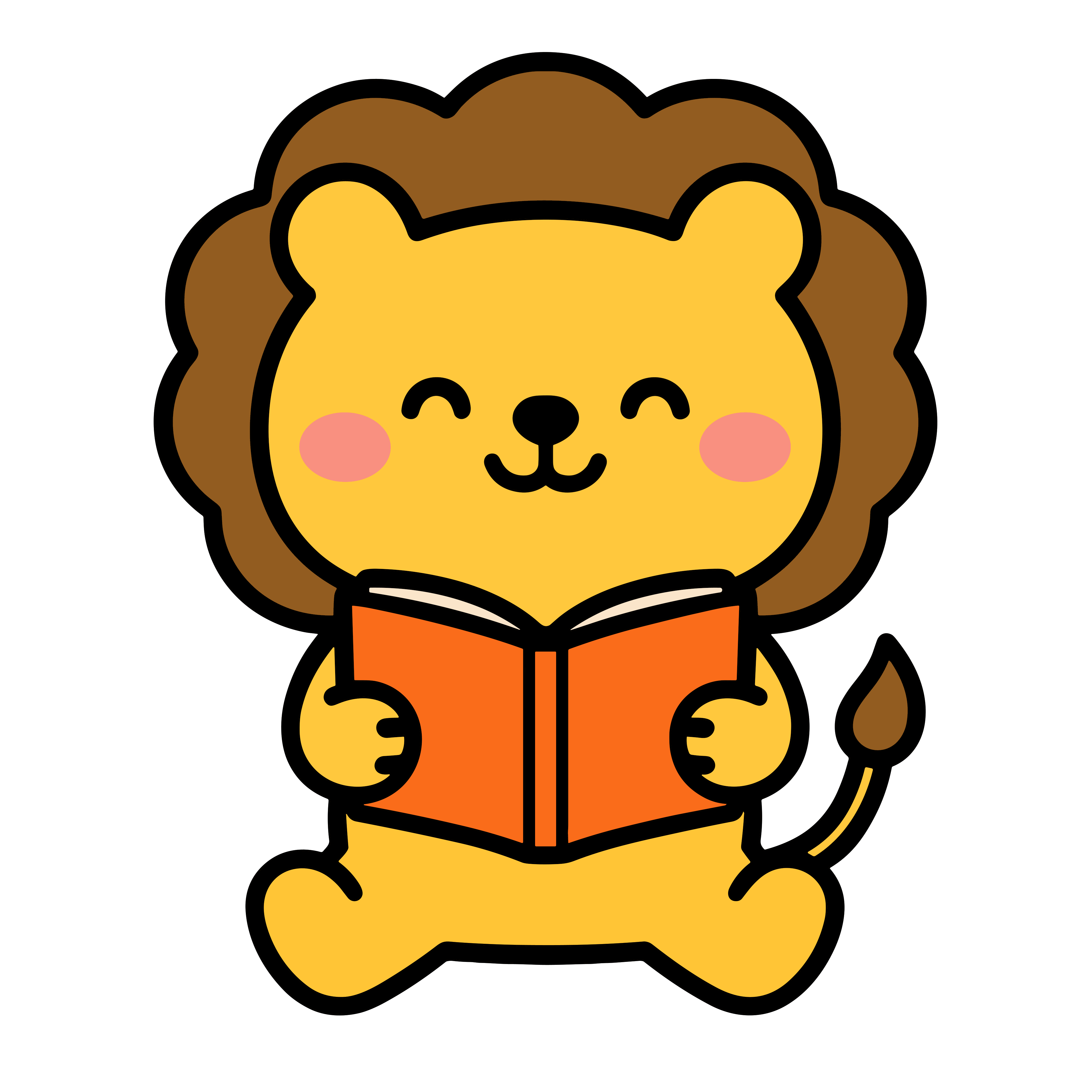 かわいい絵本を読んでいるライオンのイラスト。簡単で無料の背景透過素材。ダウンロードしてアイコンにも使えます。