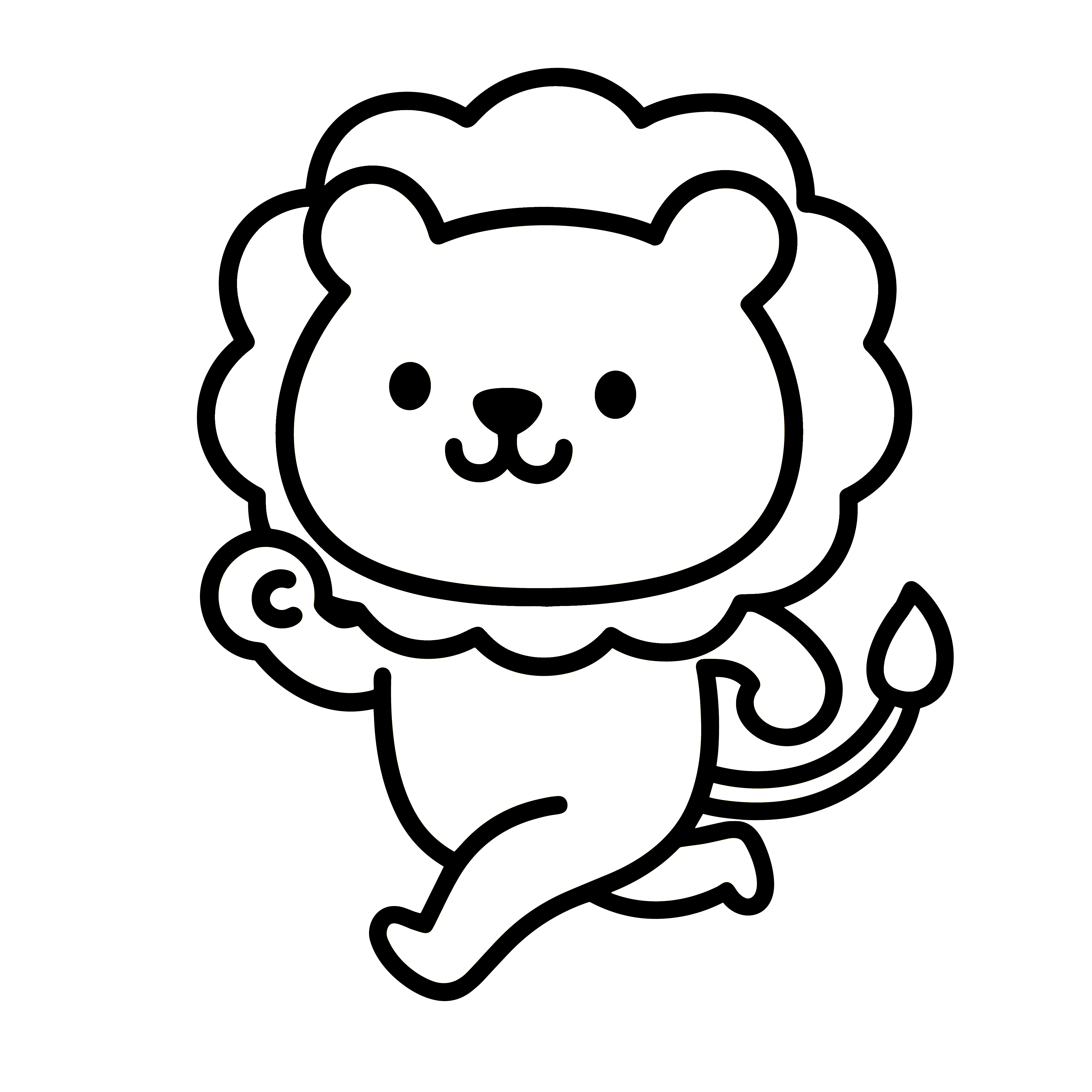 かわいいライオンのイラスト。簡単で無料の白黒(モノクロ)素材。ダウンロードして使えるアイコンです。