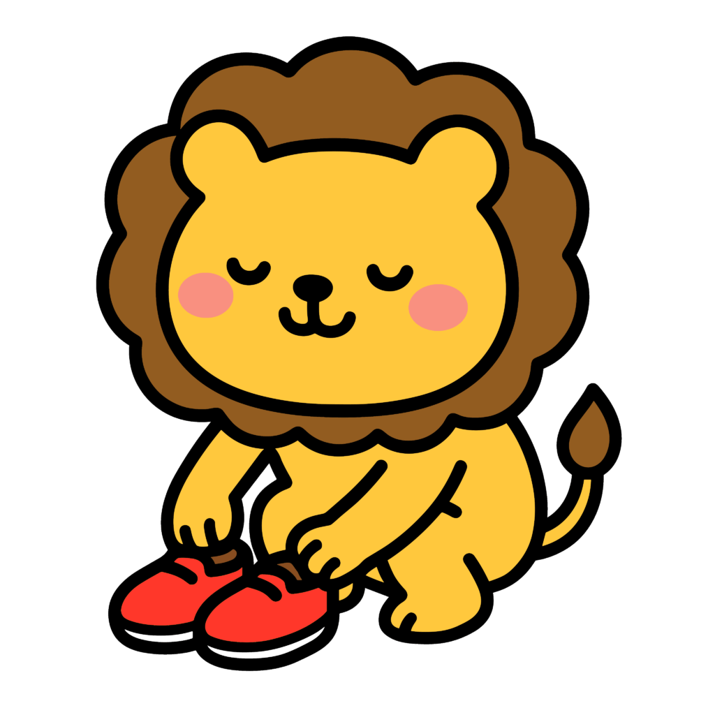 かわいいくつをそろえるライオンのイラスト素材。簡単・無料でダウンロードできるアイコンタイプのフリー素材です。