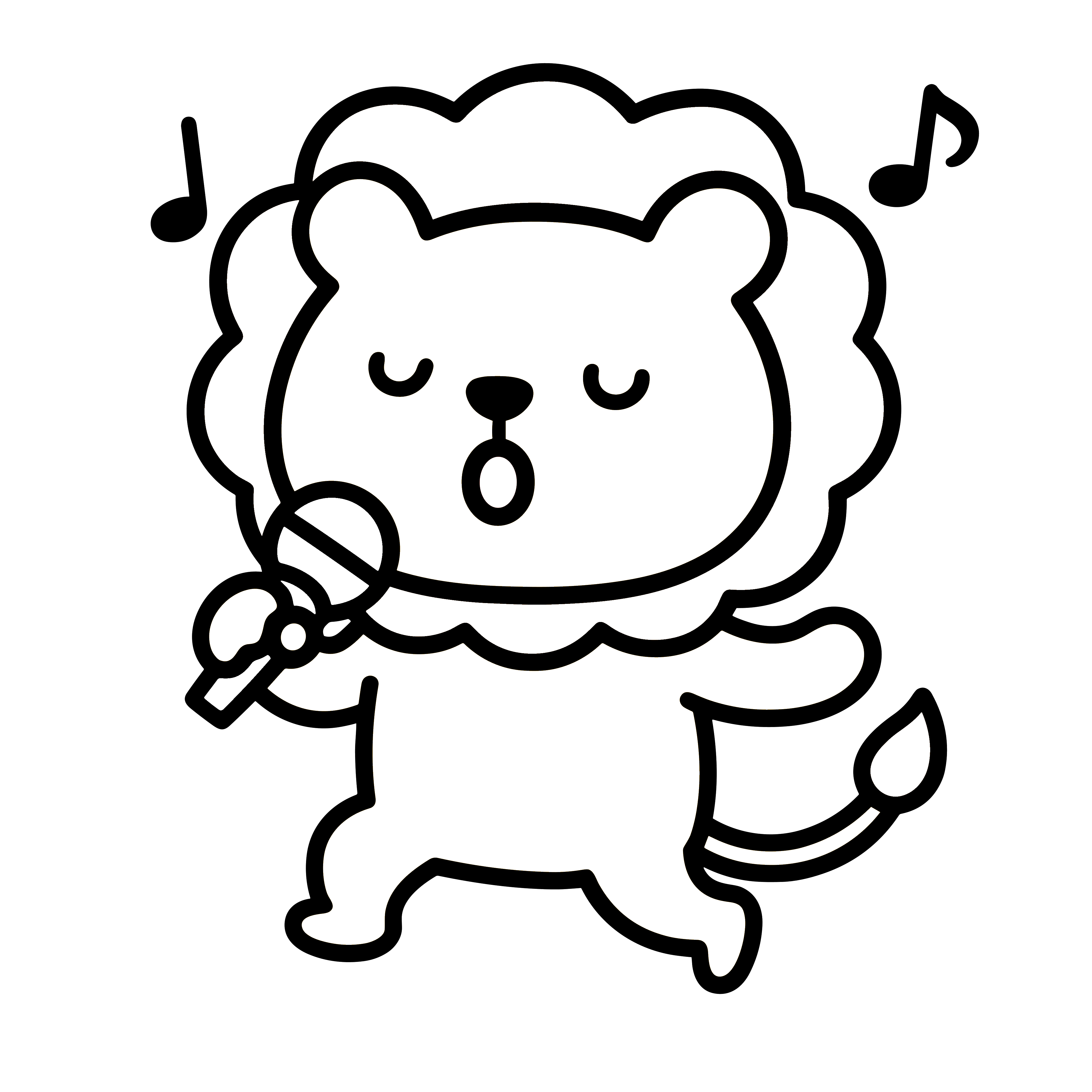 おうたをうたうかわいいライオンのイラスト。簡単で無料の白黒(モノクロ)素材。ダウンロードして使えるアイコンです。