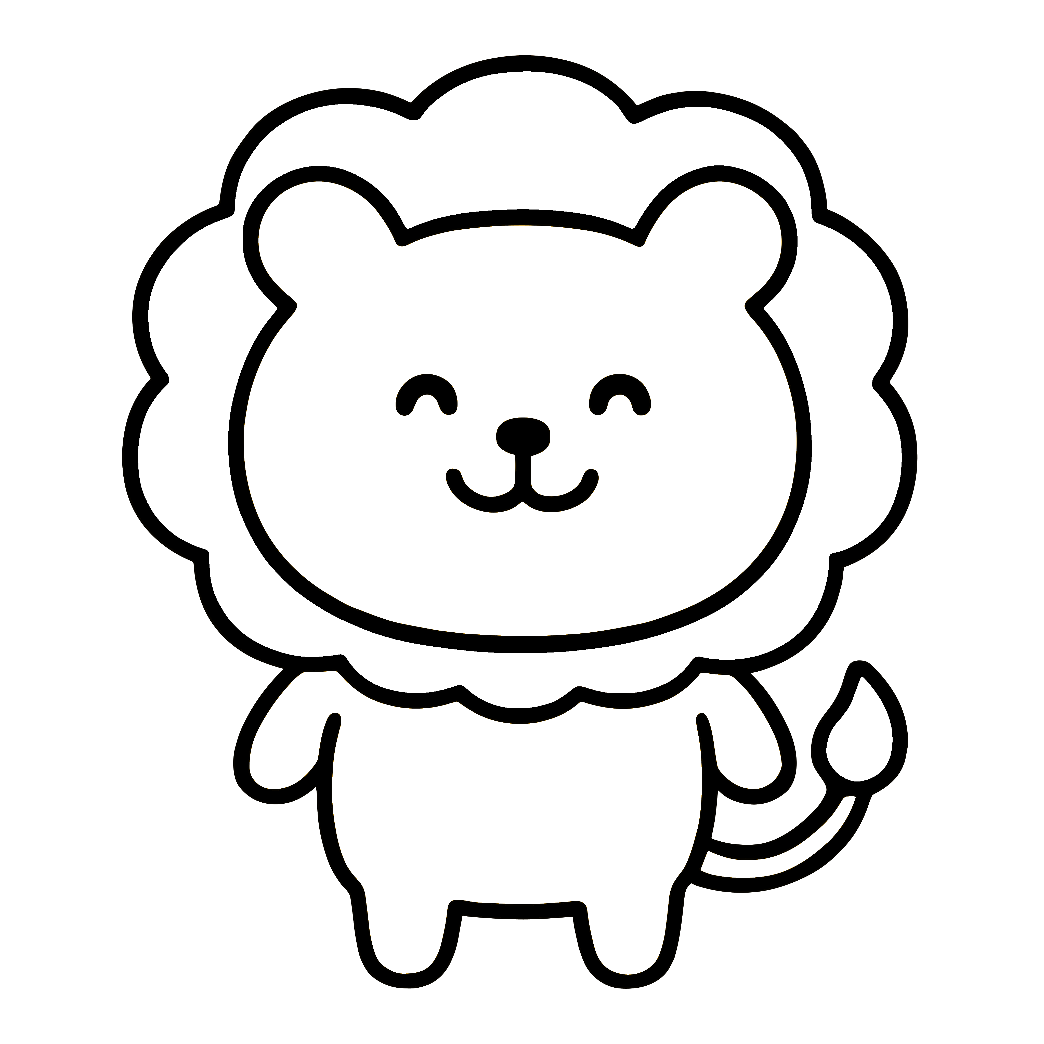 かわいいライオンのにっこりイラスト。簡単で無料の白黒(モノクロ)素材。ダウンロードして使えるアイコンです。