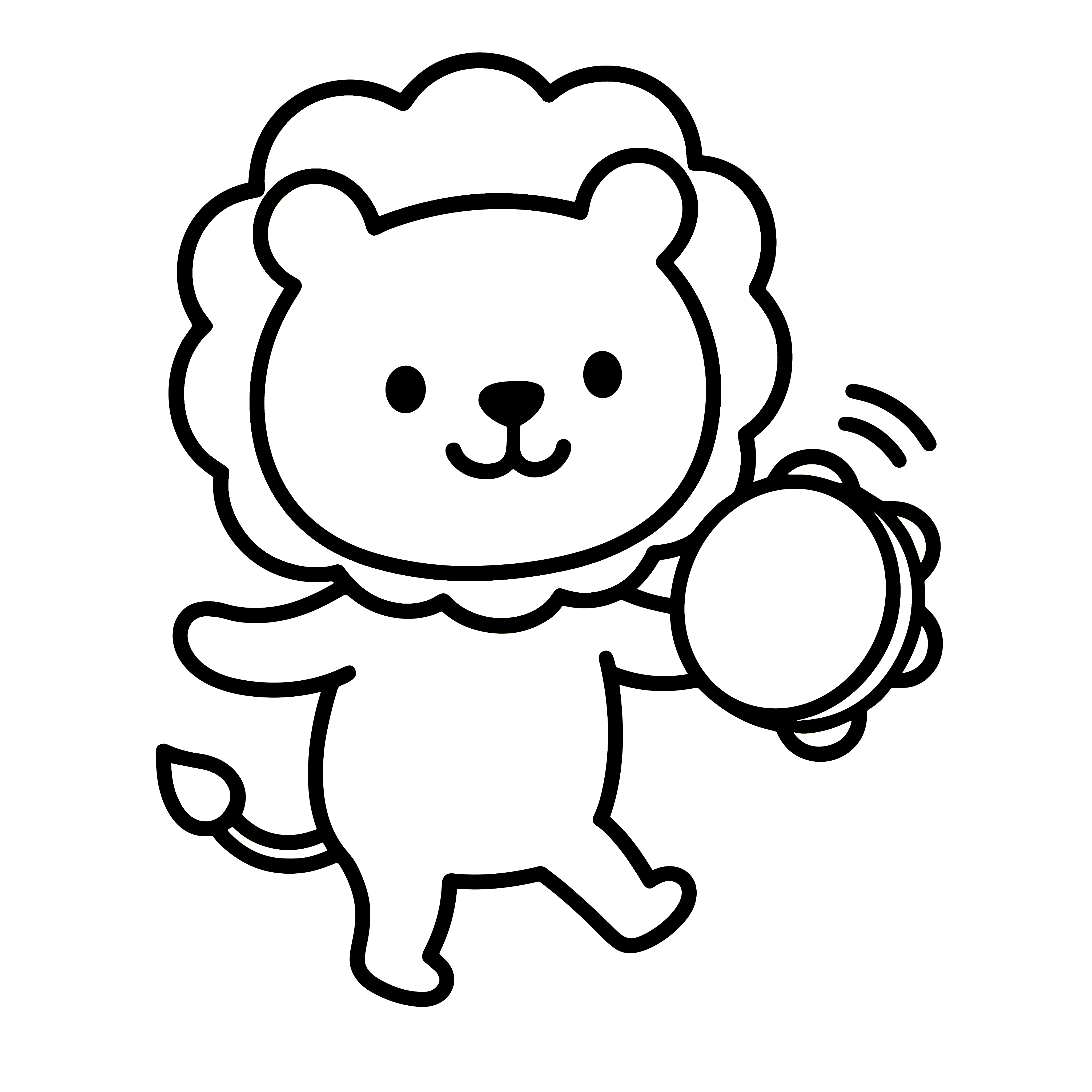 タンバリンを鳴らすかわいいライオンのイラスト。簡単で無料の白黒(モノクロ)素材。ダウンロードして使えるアイコンです。