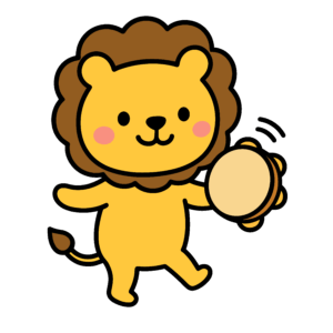 タンバリンを鳴らすかわいいライオンのイラスト素材。簡単・無料でダウンロードできるアイコンタイプのフリー素材です。