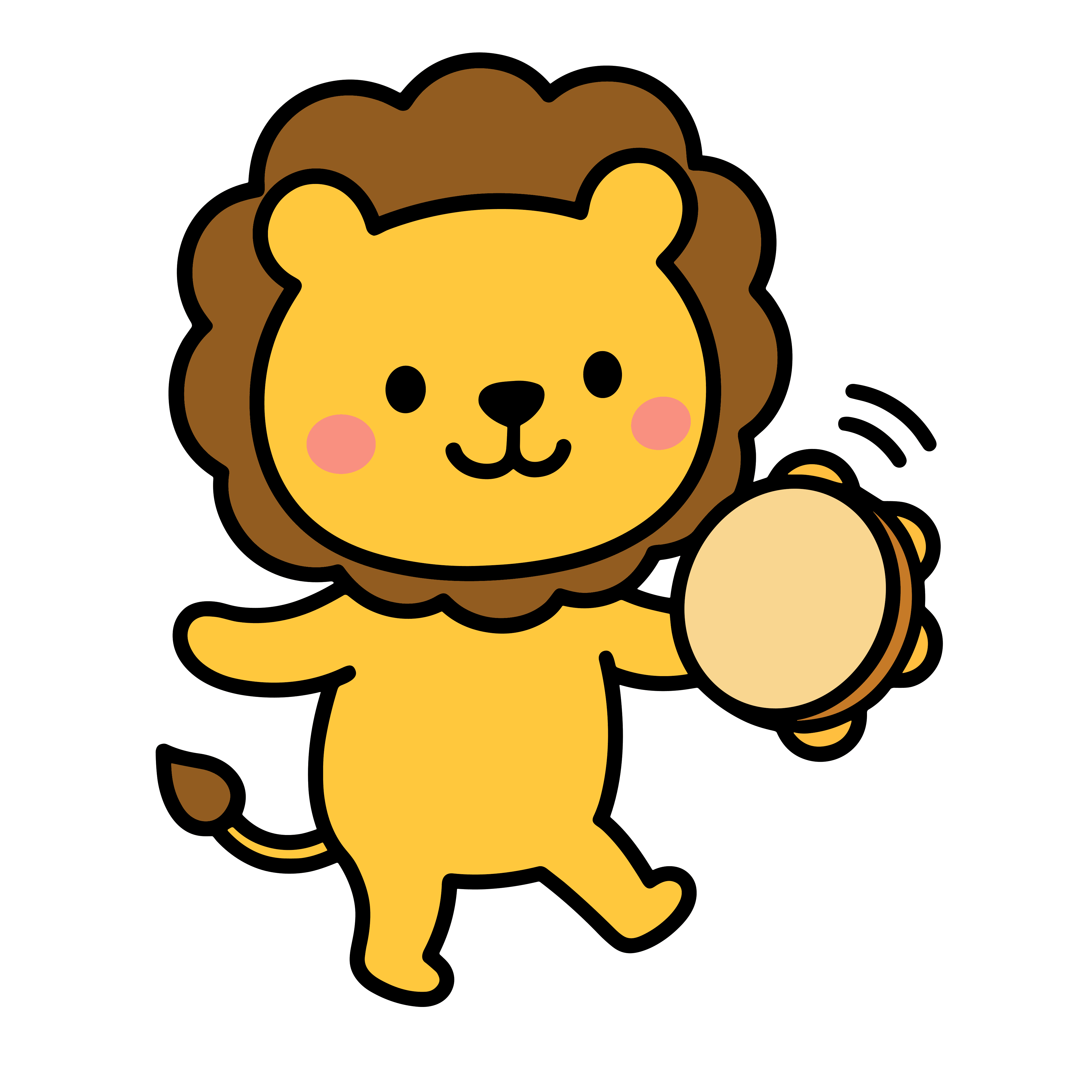 タンバリンを鳴らすかわいいライオンのイラスト。簡単で無料の背景透過素材。ダウンロードしてアイコンにも使えます。