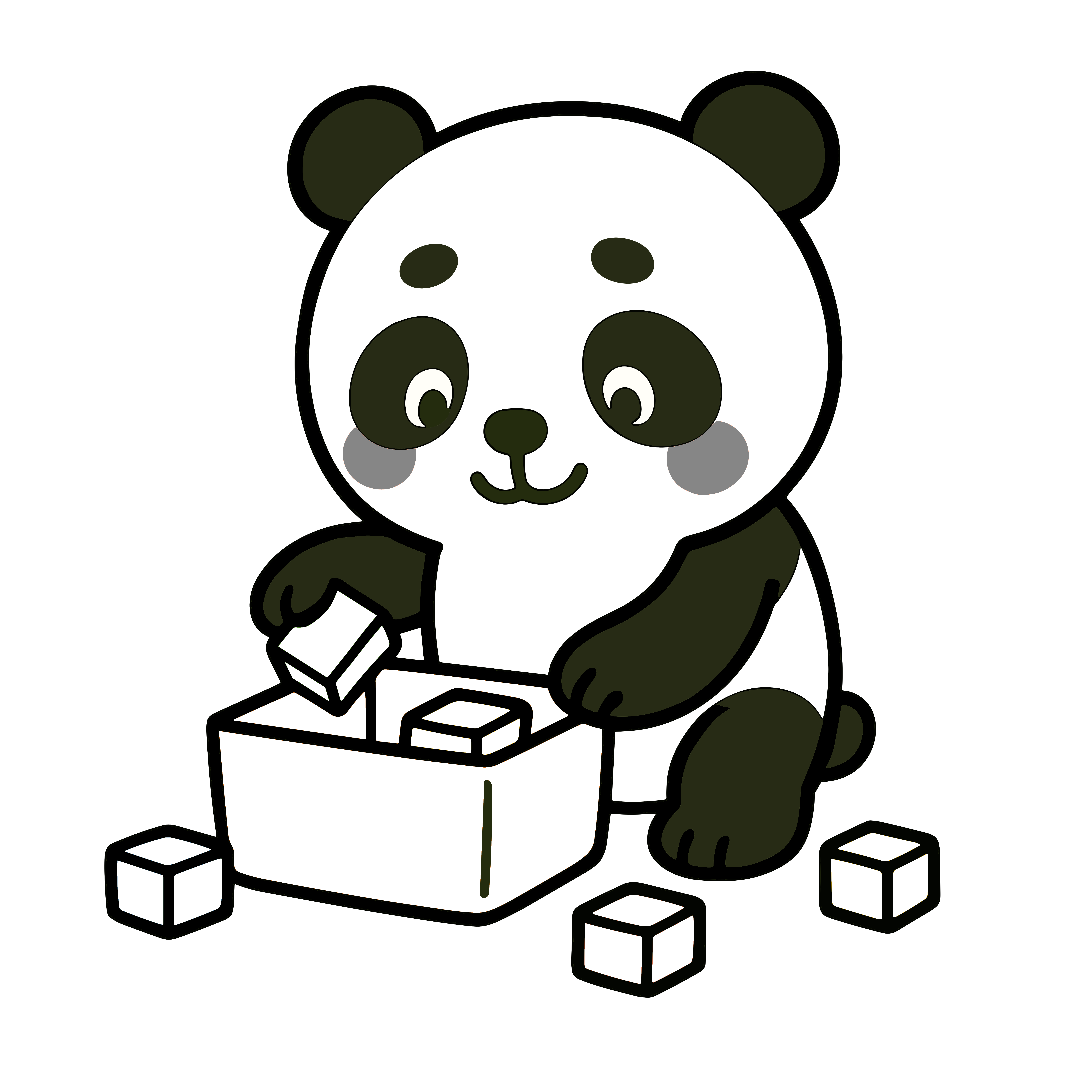 お片付けするかわいいパンダのイラスト。簡単・無料で使える白黒素材。掲示物や印刷に便利です。