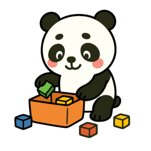 お片付けするかわいいパンダのイラスト素材。整理整頓・生活習慣の導入に使える保育向けフリー素材です。