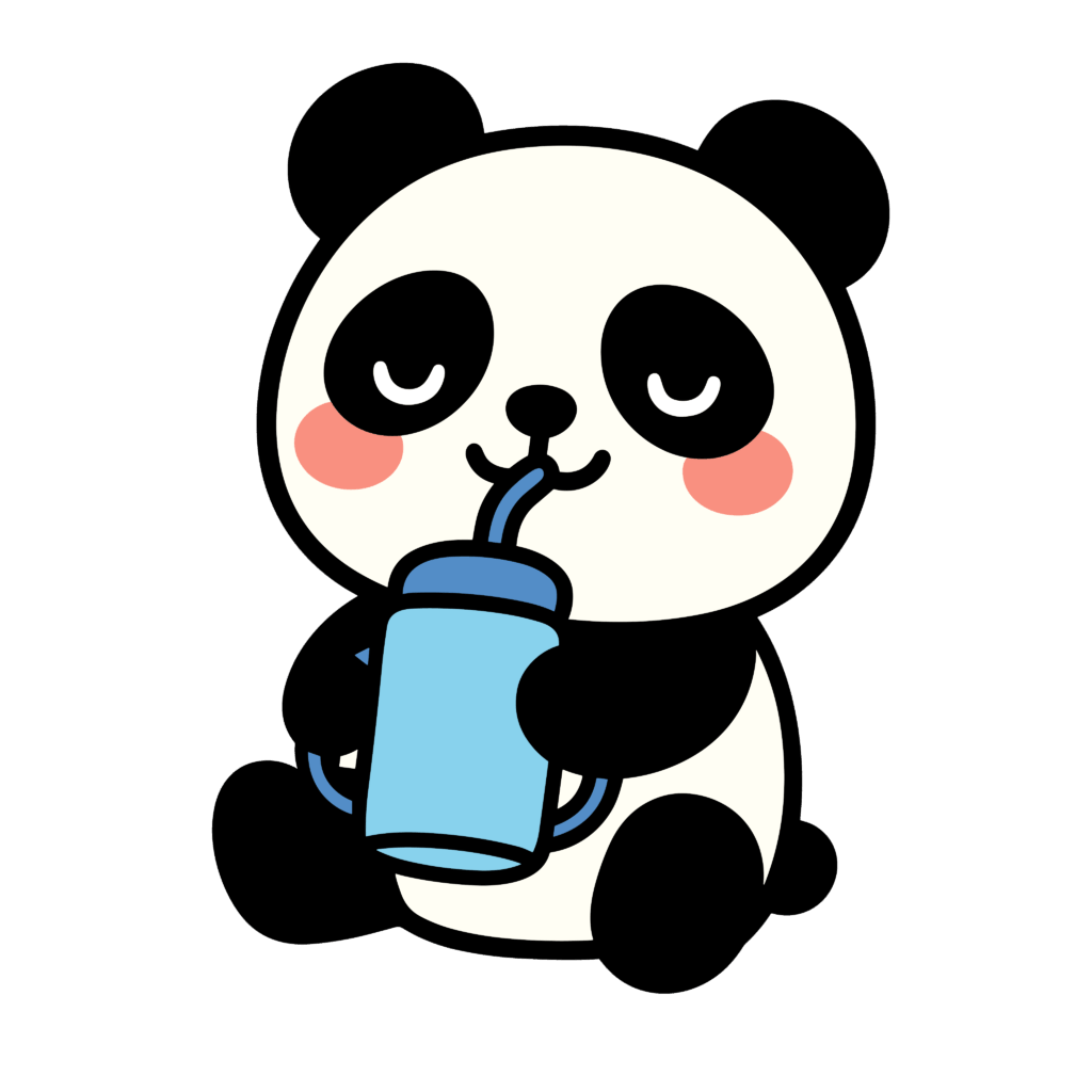 水筒を飲むかわいいパンダのイラスト。簡単で無料のフリー素材。アイコンやダウンロード用途におすすめです。