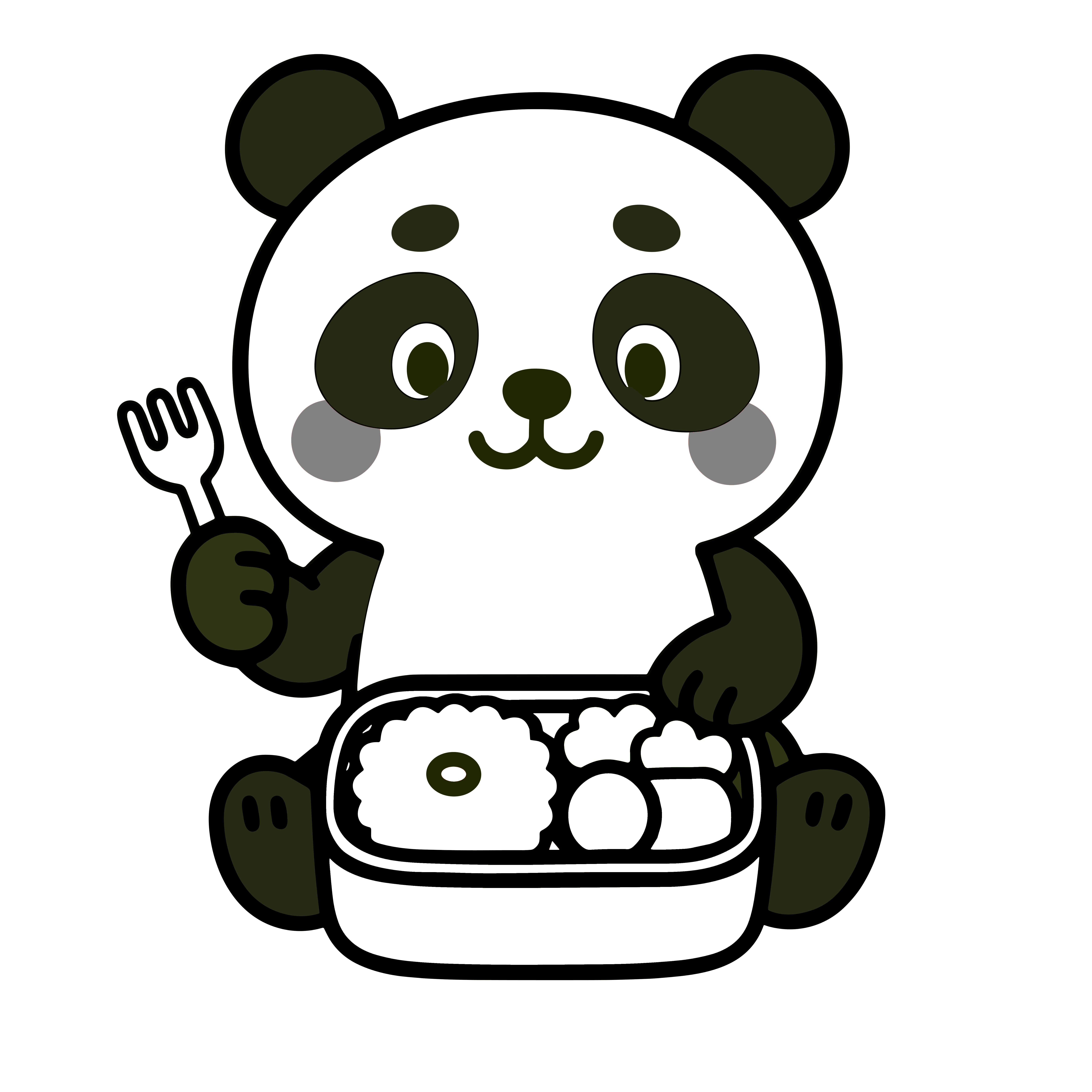 かわいいパンダがお弁当を食べるイラスト。簡単で無料の白黒(モノクロ)素材。ダウンロードして使えるアイコンです。
