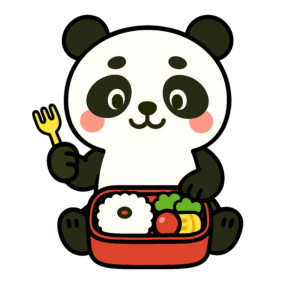 かわいいパンダがお弁当を食べるイラスト素材。簡単・無料でダウンロードできるアイコンタイプのフリー素材です。