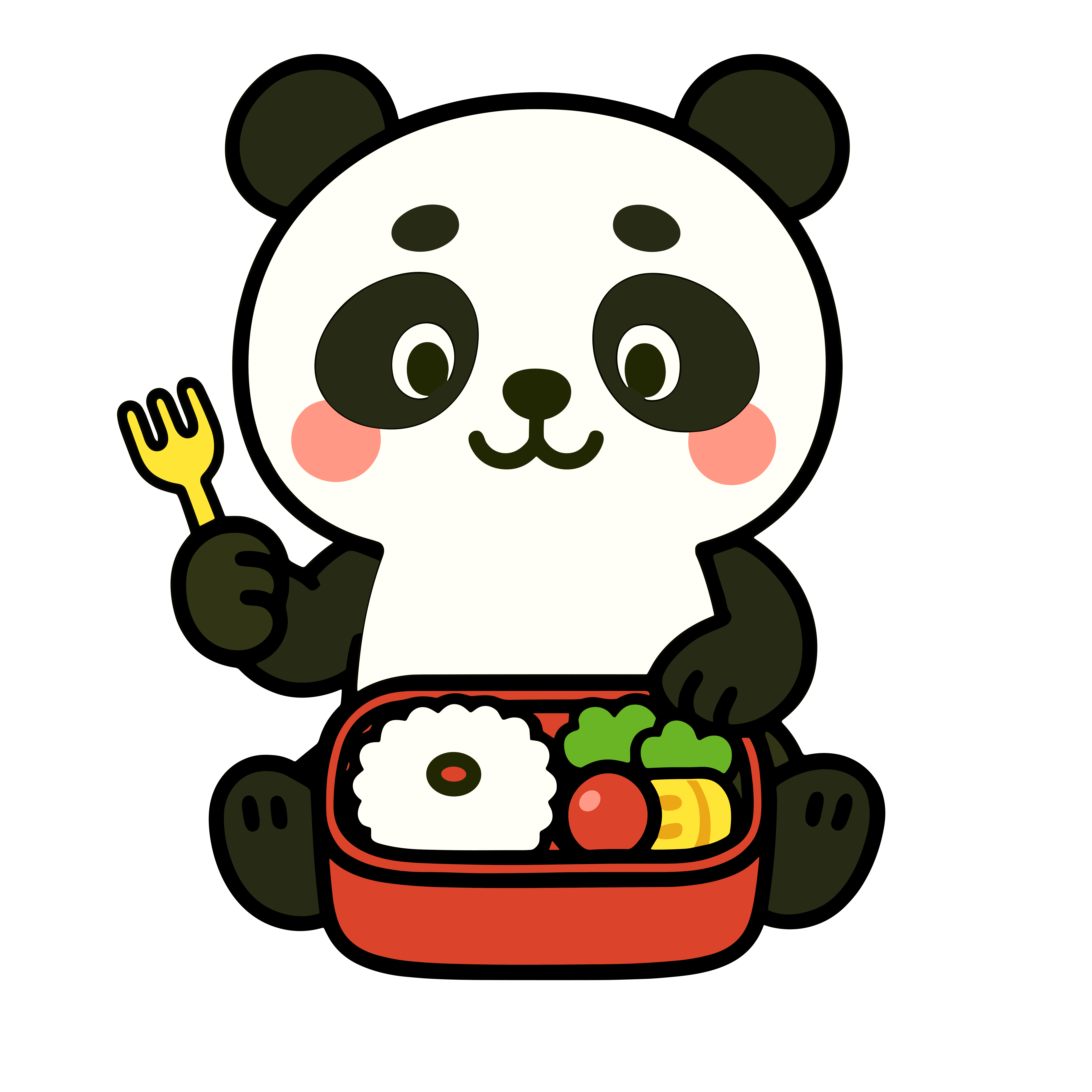 かわいいパンダがお弁当を食べるイラスト。簡単で無料の背景透過素材。ダウンロードしてアイコンにも使えます。