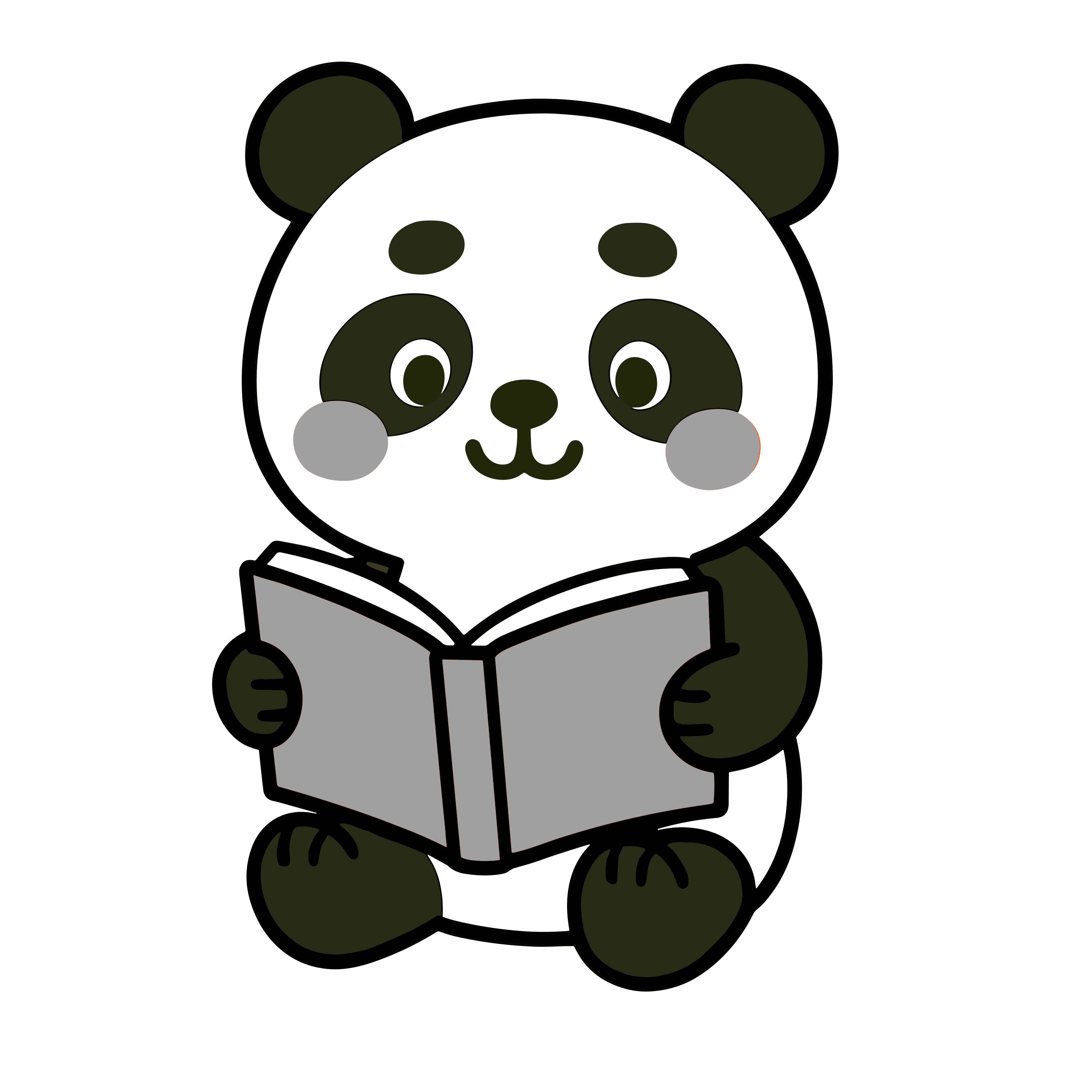 絵本を読むかわいいパンダのイラスト。簡単で無料の白黒(モノクロ)素材。ダウンロードして使えるアイコンです。