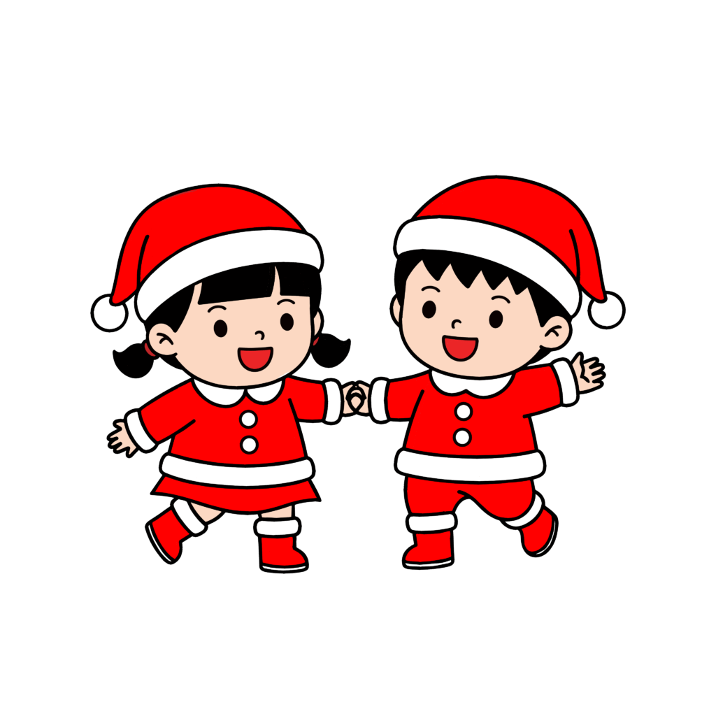 かわいいサンタ服の園児イラスト。簡単で無料の背景透過素材。ダウンロードしてアイコンにも使えます。