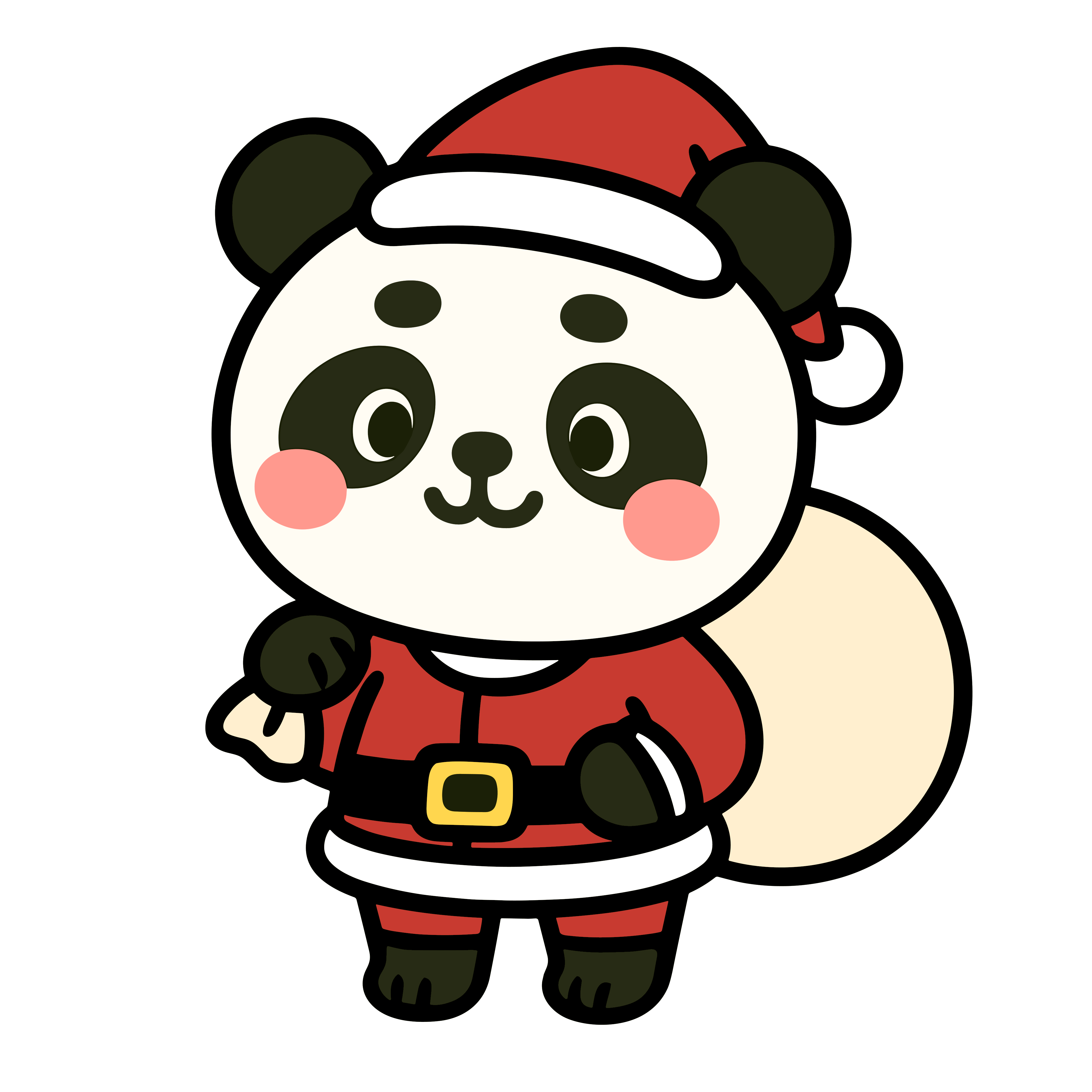 サンタクロースの衣装を着たかわいいパンダのイラスト。簡単で無料の背景透過素材。ダウンロードしてアイコンにも使えます。