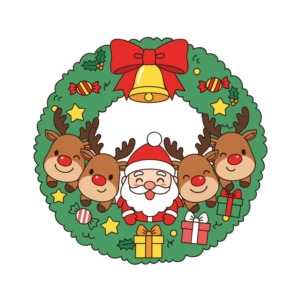かわいいサンタとトナカイのリースイラスト素材。簡単・無料でダウンロードできるアイコンタイプのフリー素材です。
