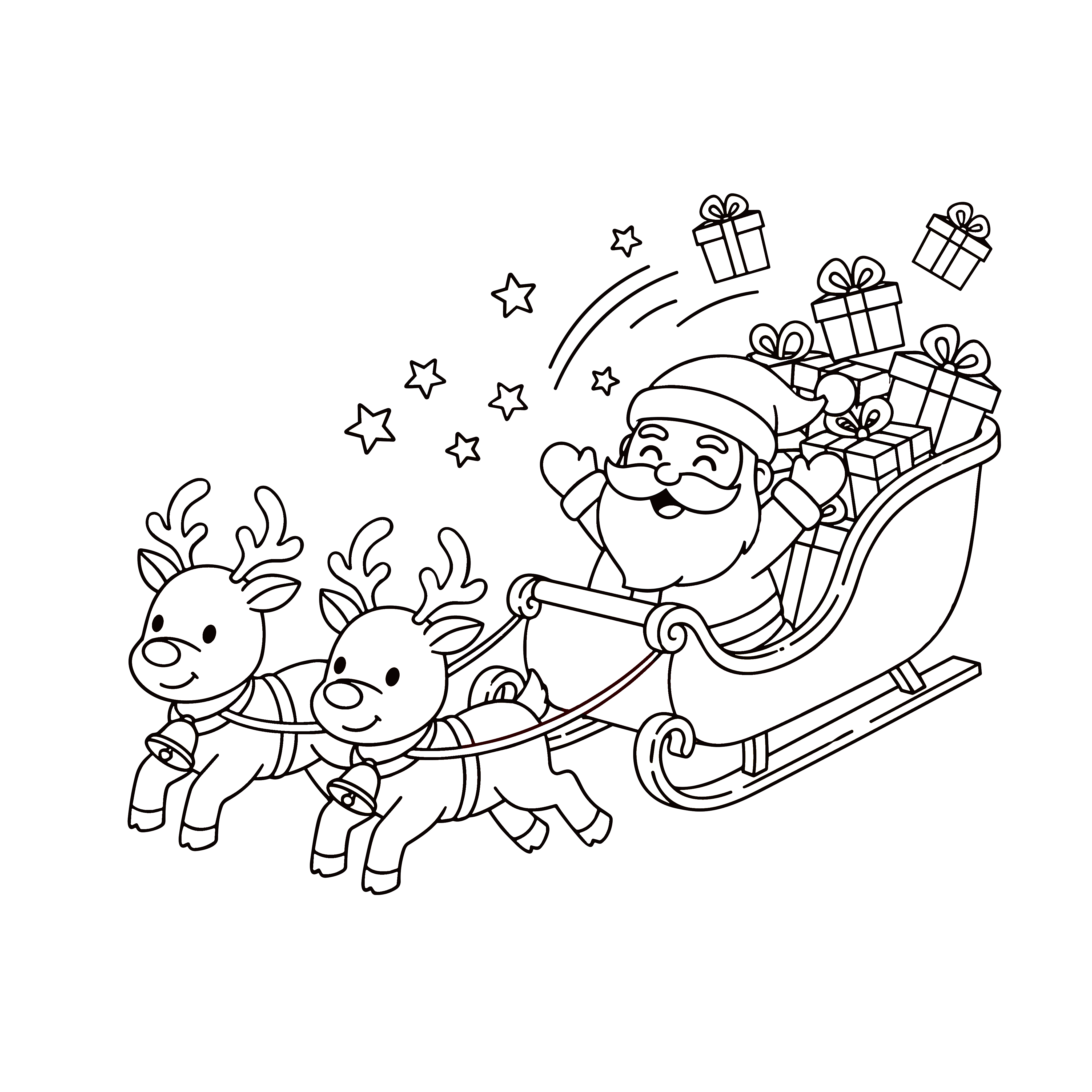 かわいいサンタクロースとソリのイラスト。簡単で無料の白黒(モノクロ)素材。ダウンロードして使えるアイコンです。