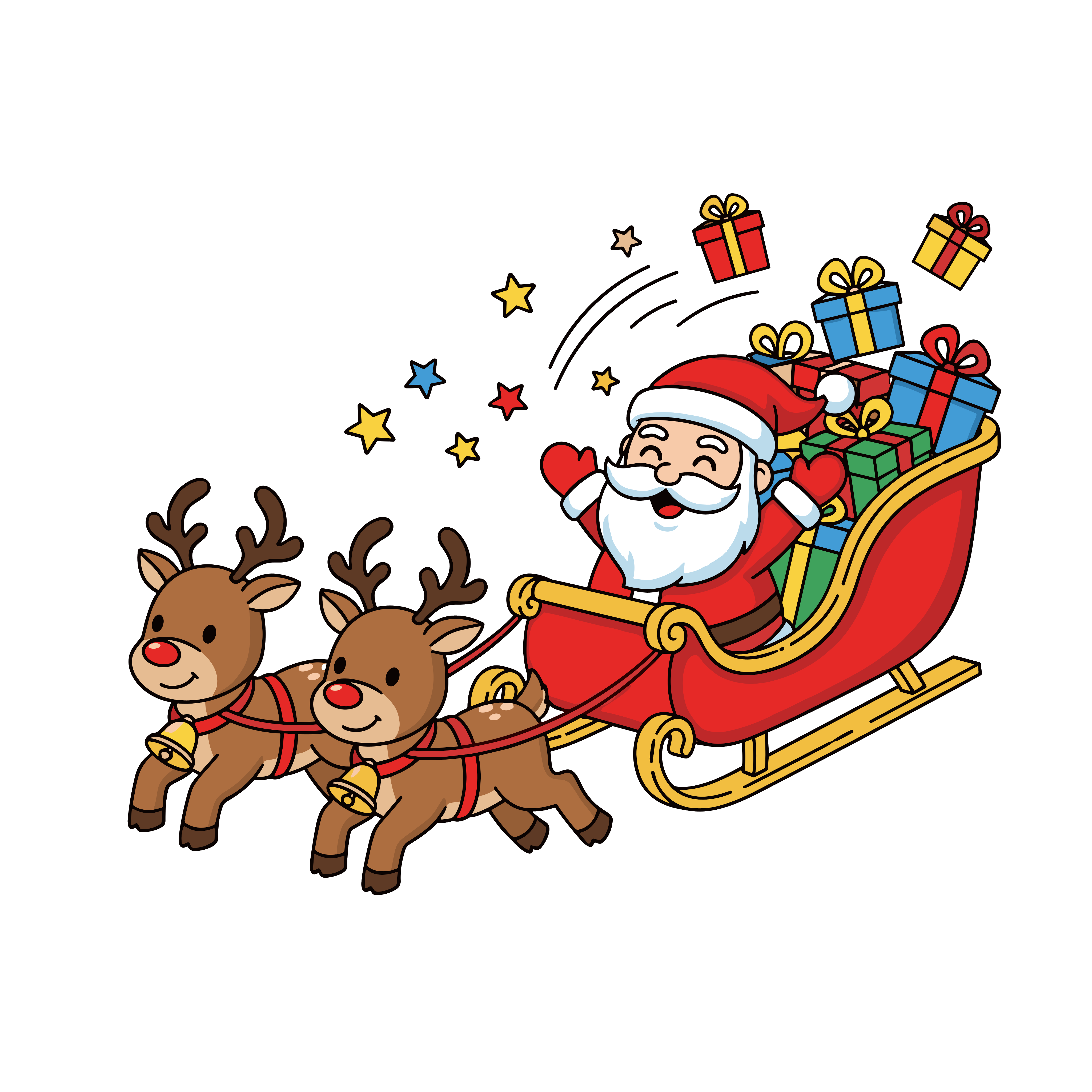 かわいいサンタクロースとソリのイラスト。簡単で無料の背景透過素材。ダウンロードしてアイコンにも使えます。