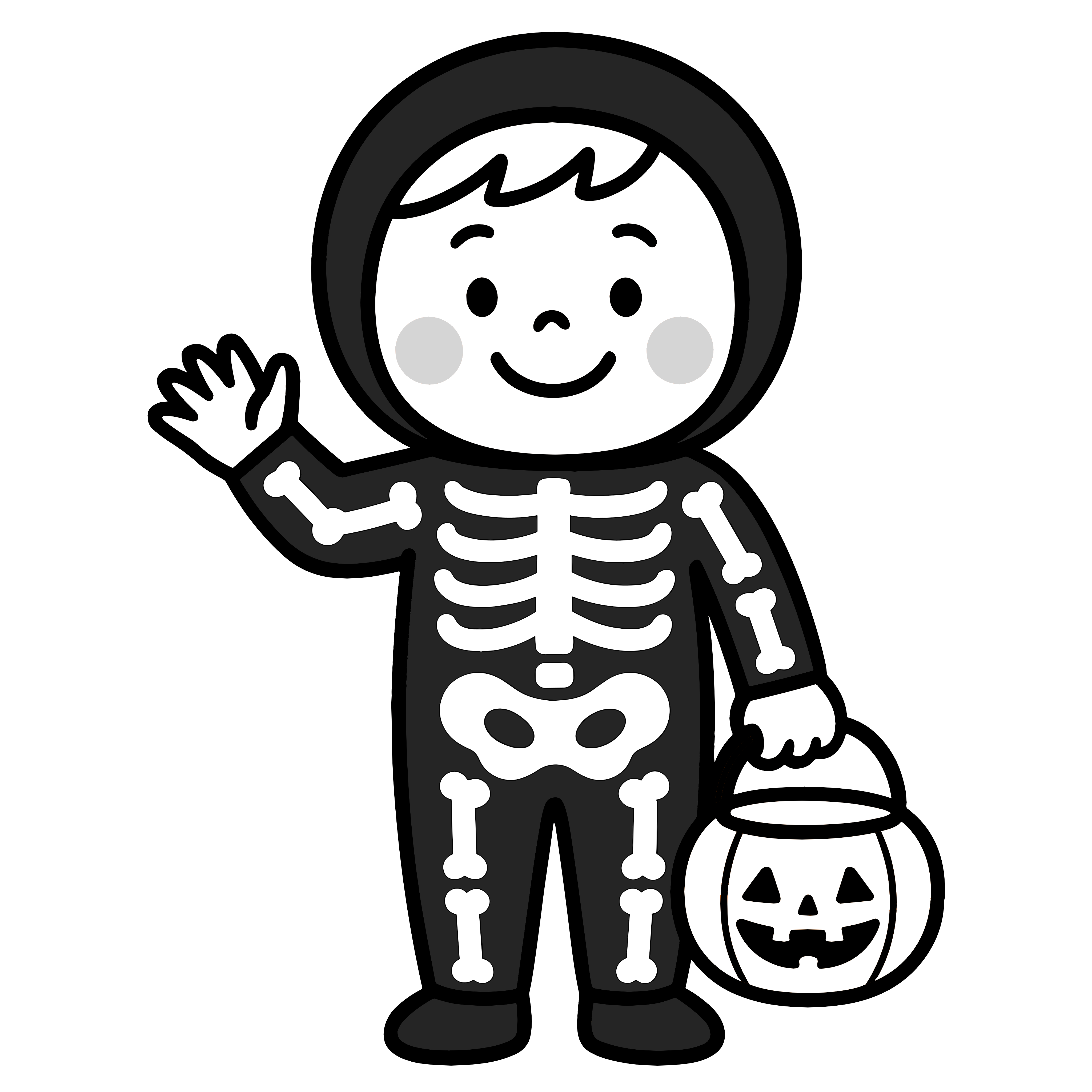 かわいいガイコツ仮装の園児イラスト。簡単で無料の白黒(モノクロ)素材。ダウンロードして使えるアイコンです。