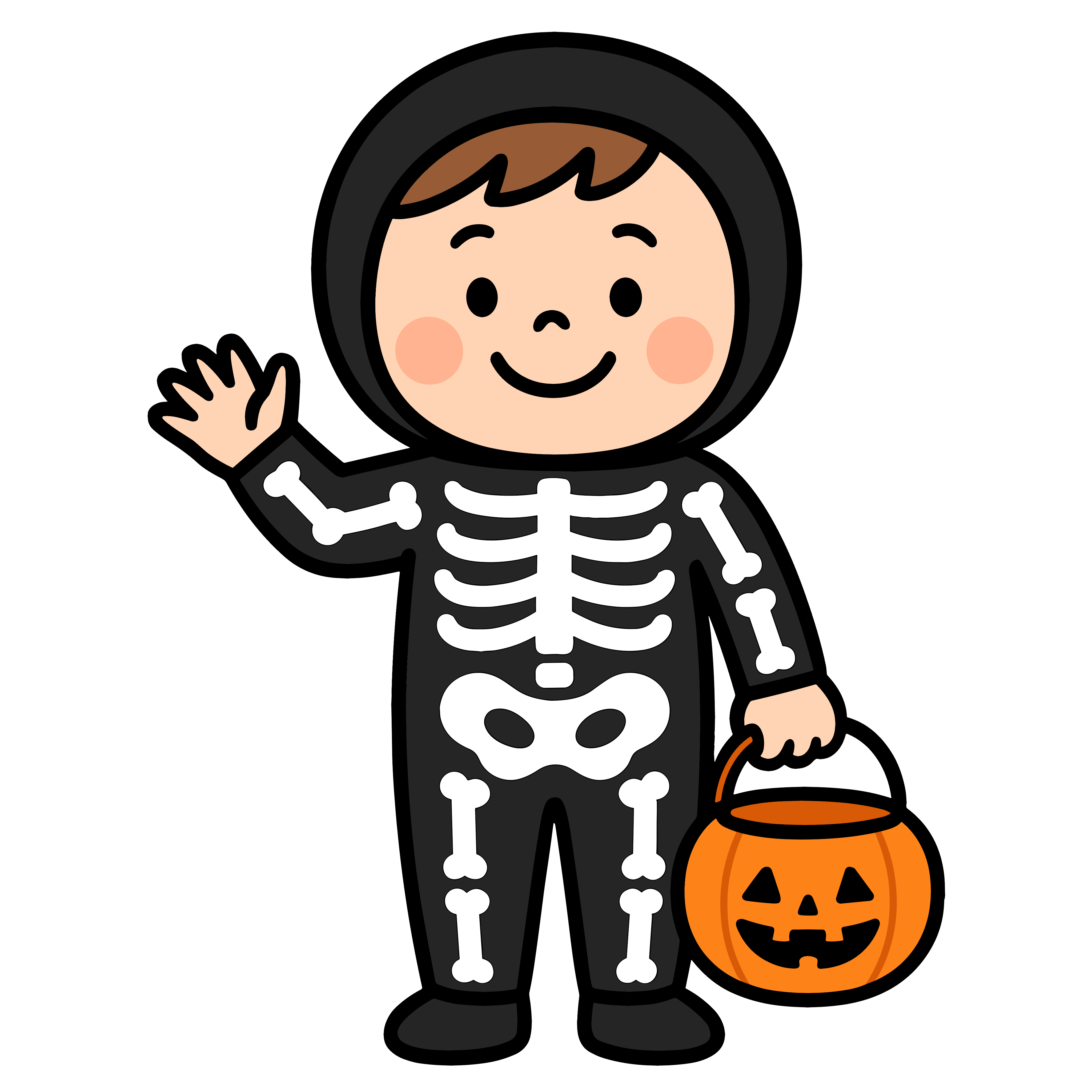 かわいいガイコツ仮装の園児イラスト。簡単で無料の背景透過素材。ダウンロードしてアイコンにも使えます。