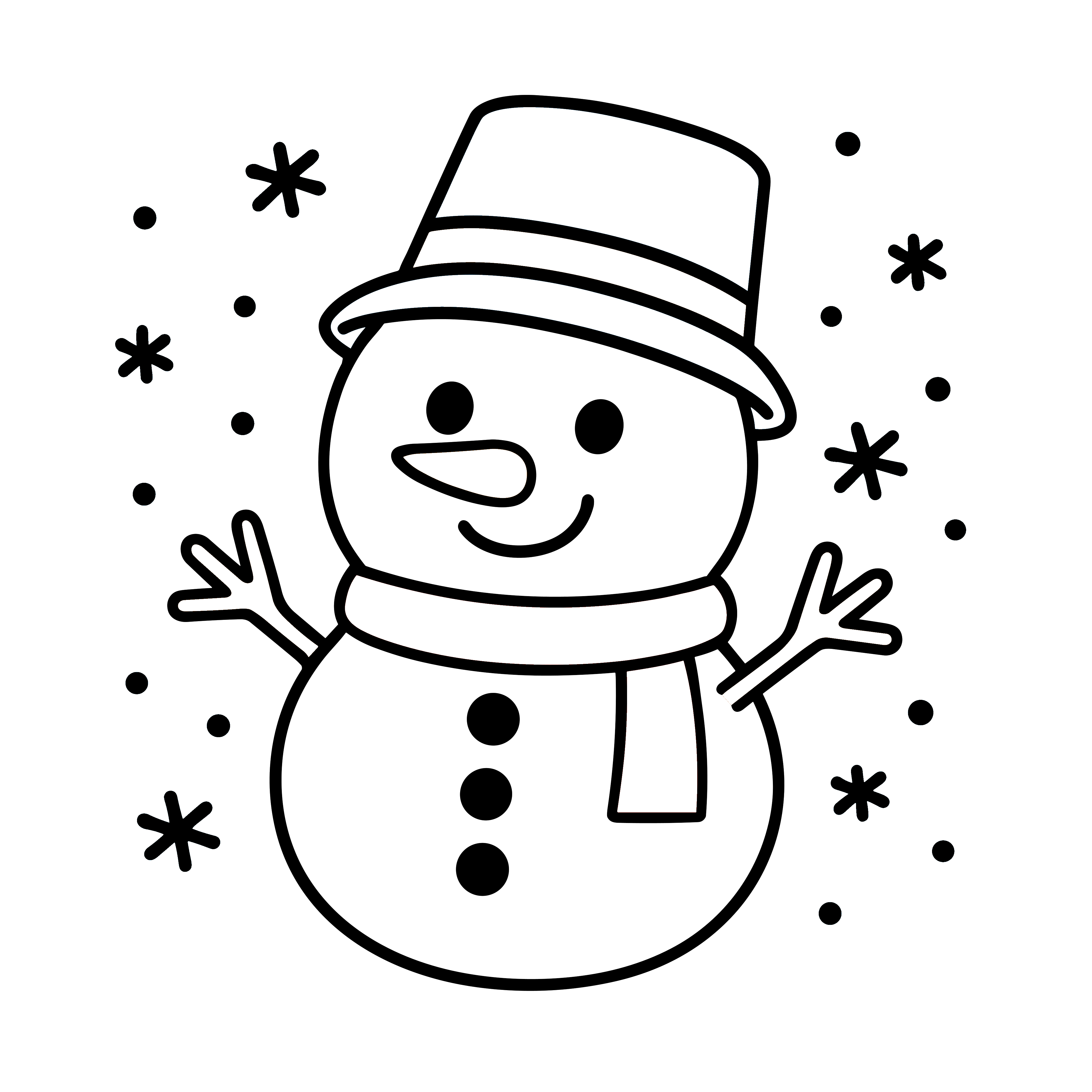 かわいい雪だるまのイラスト。簡単で無料の白黒(モノクロ)素材。ダウンロードして使えるアイコンです。