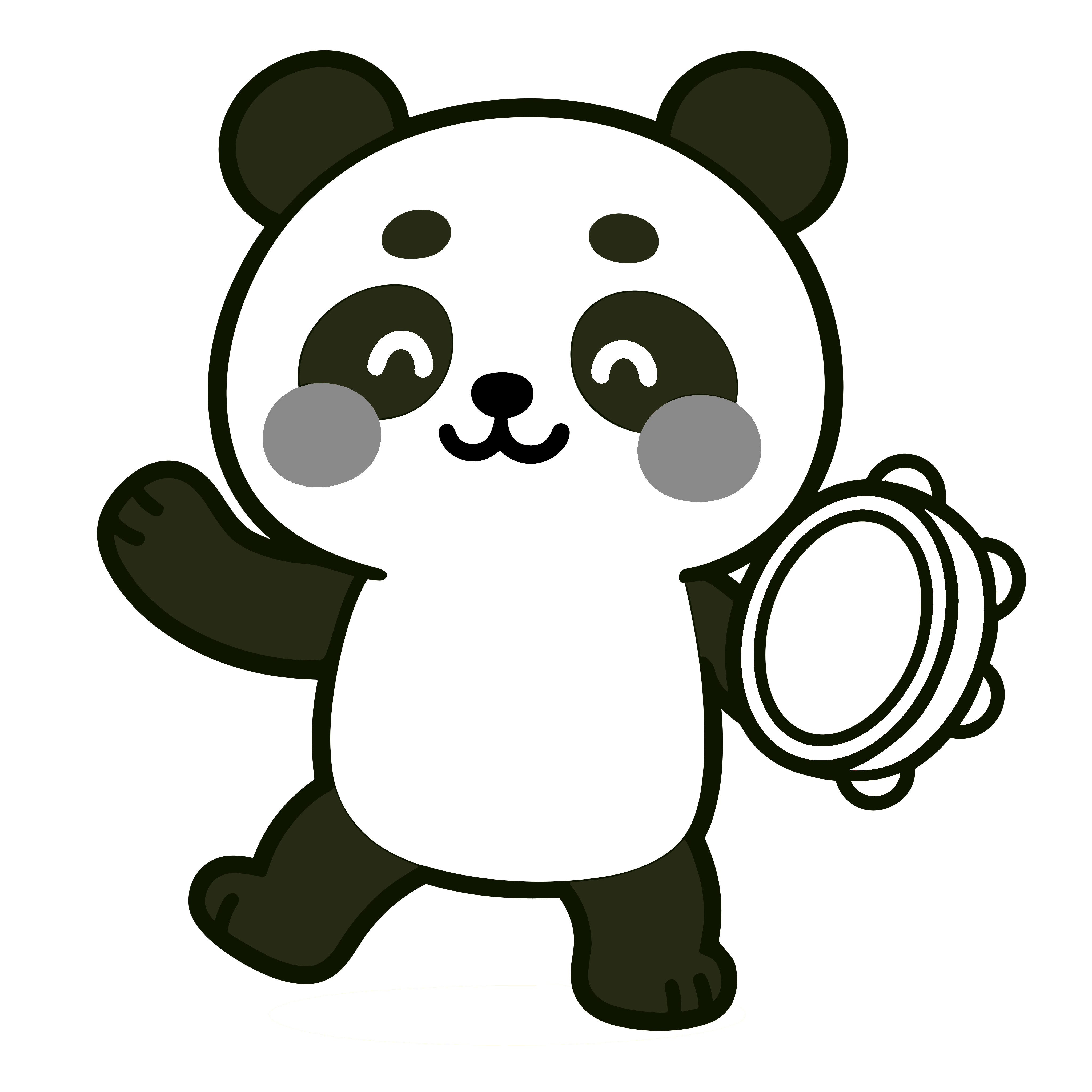 タンバリンをたたくかわいいパンダのイラスト。簡単で無料の白黒(モノクロ)素材。ダウンロードして使えるアイコンです。
