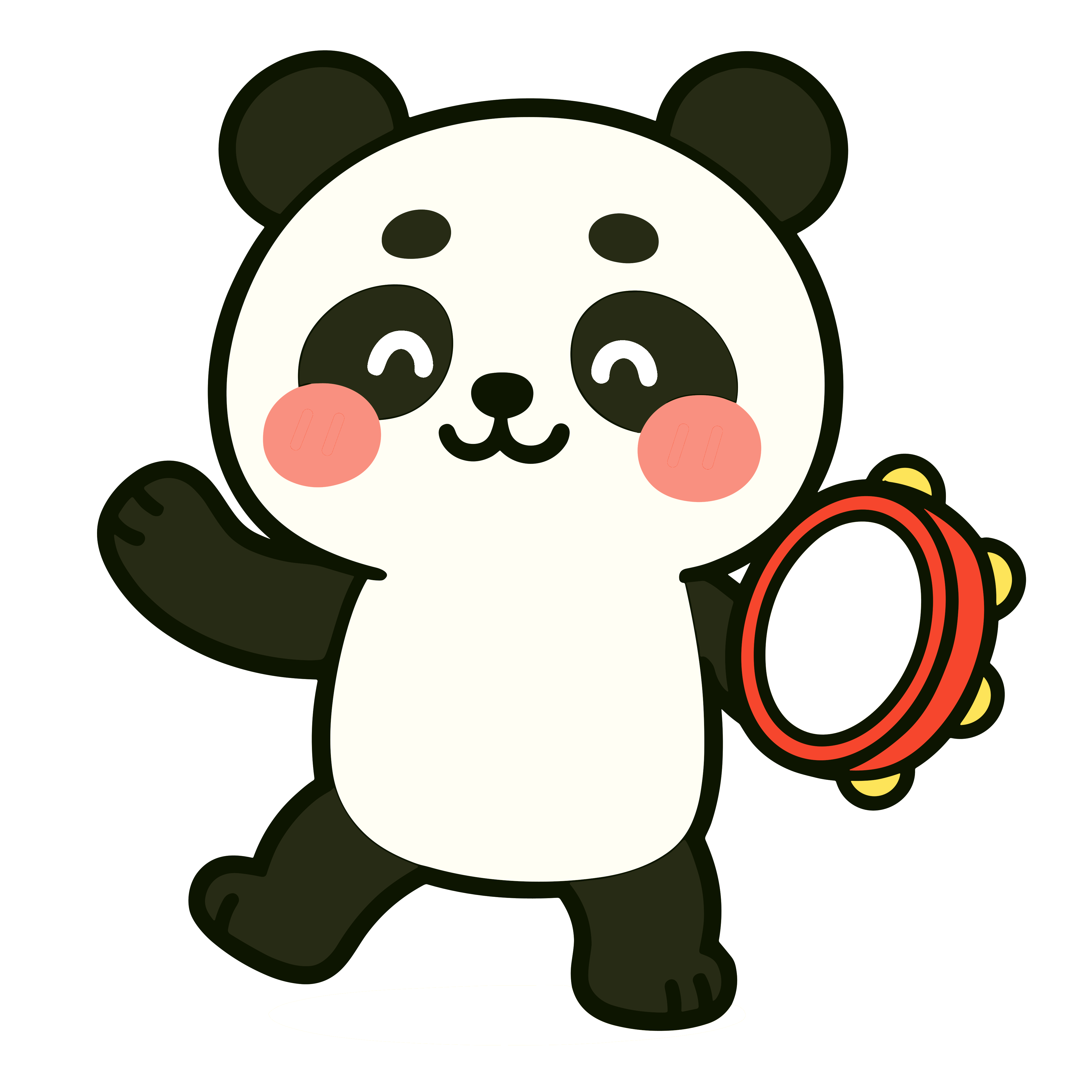 タンバリンをたたくかわいいパンダのイラスト。簡単で無料の背景透過素材。ダウンロードしてアイコンにも使えます。