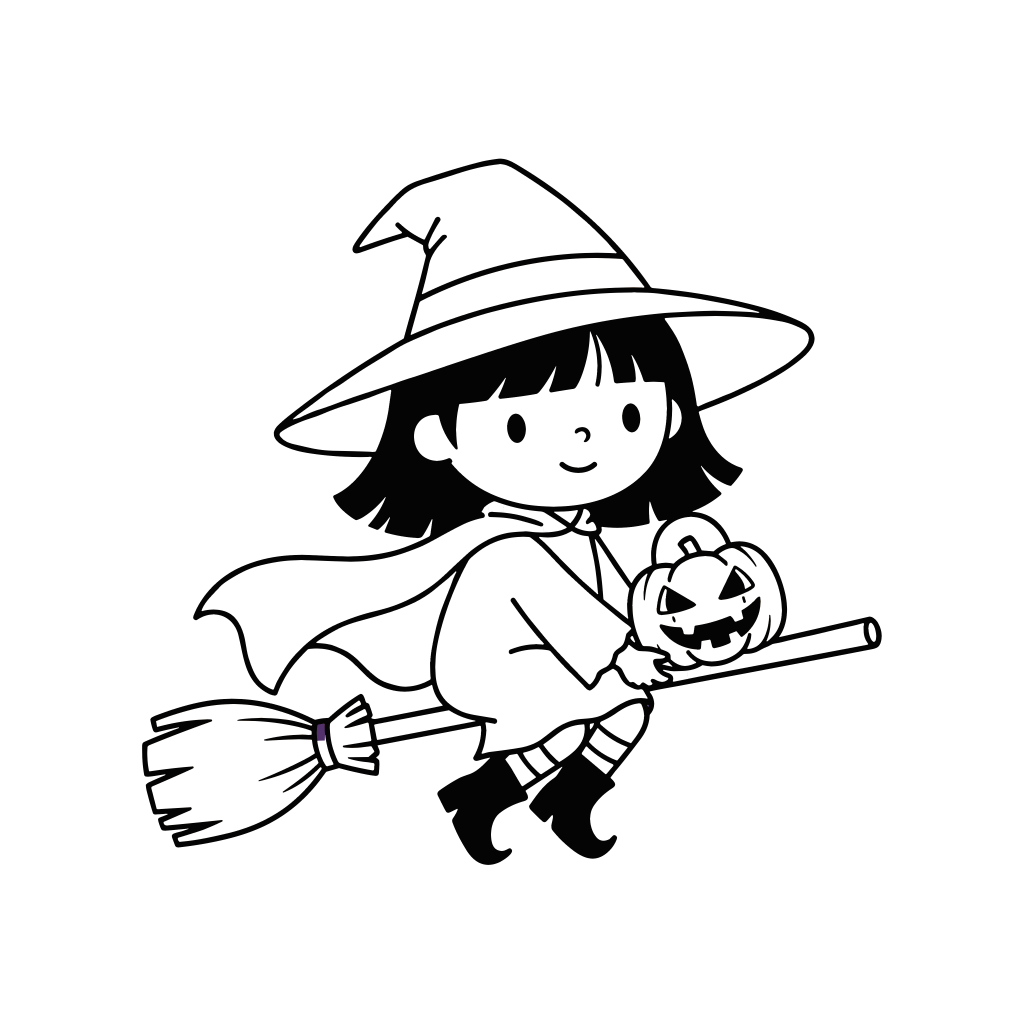 かわいい魔女の女の子のイラスト。簡単で無料の白黒(モノクロ)素材。ダウンロードして使えるアイコンです。