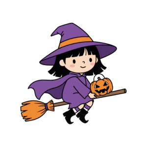 かわいい魔女の女の子のイラスト。簡単で無料の背景透過素材。ダウンロードしてアイコンにも使えます。