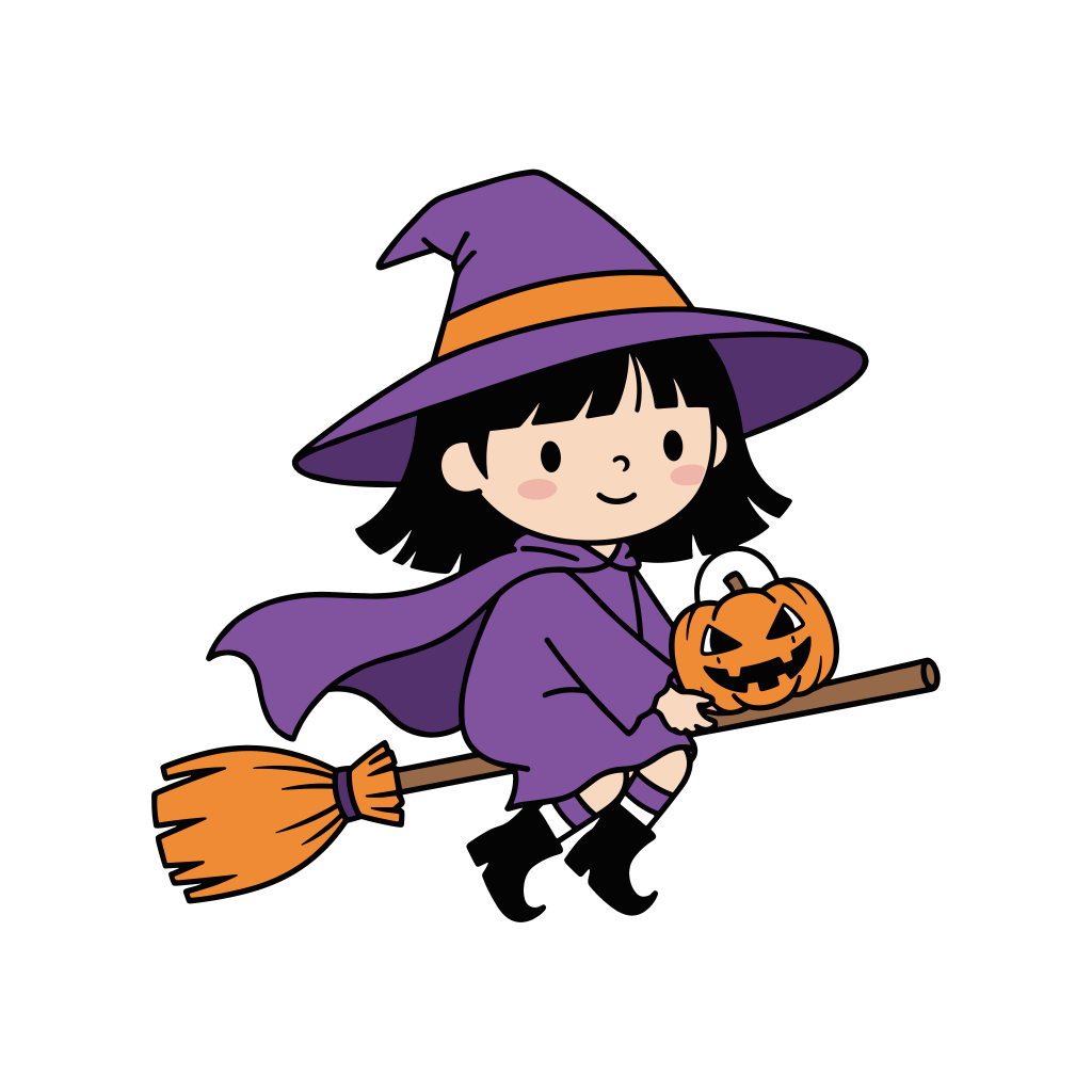 かわいい魔女の女の子のイラスト。簡単で無料の背景透過素材。ダウンロードしてアイコンにも使えます。