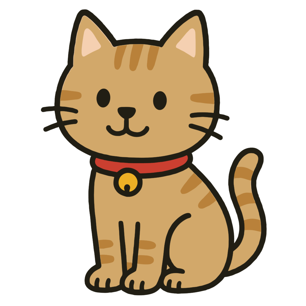 かわいい首輪をつけた猫のイラスト。簡単で無料の背景透過素材。ダウンロードしてアイコンにも使えます。