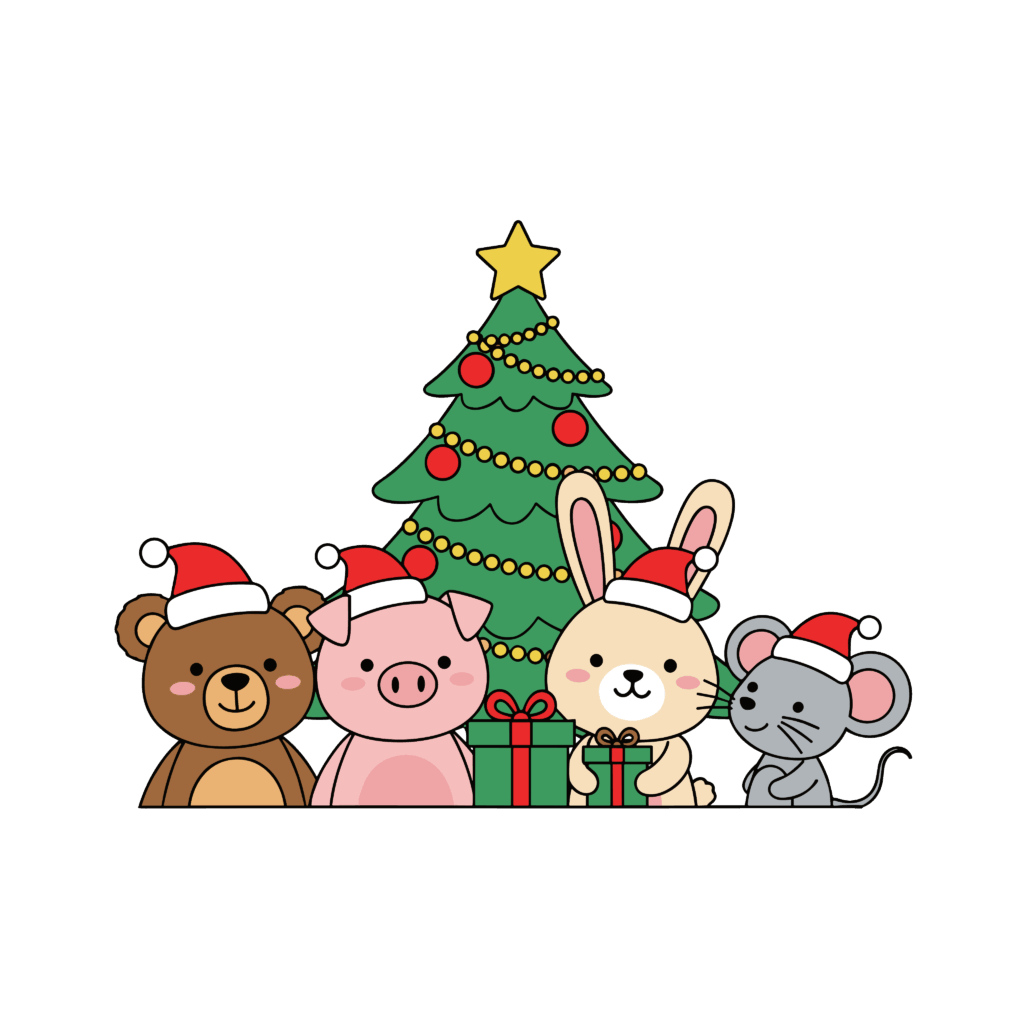 かわいいクリスマスの動物イラスト素材。簡単・無料でダウンロードできるアイコンタイプのフリー素材です。