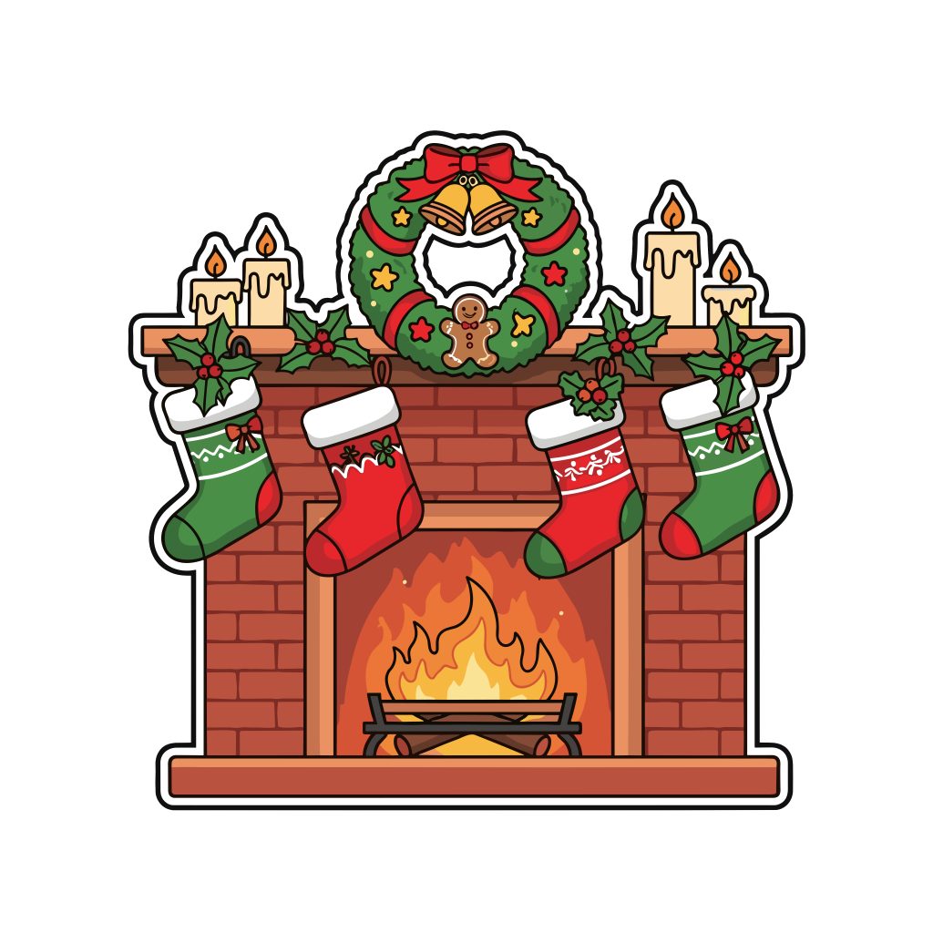 かわいいクリスマス暖炉のイラスト。簡単で無料の背景透過素材。ダウンロードしてアイコンにも使えます。
