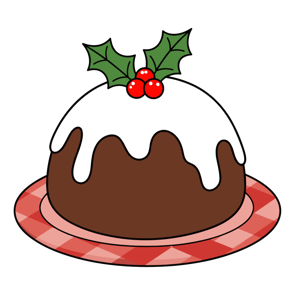 かわいいクリスマスプディングのイラスト。簡単で無料の背景透過素材。ダウンロードしてアイコンにも使えます。