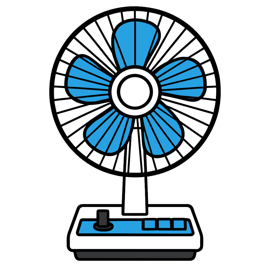 かわいい5枚羽根の扇風機のイラスト素材。簡単・無料でダウンロードできるアイコンタイプのフリー素材です。