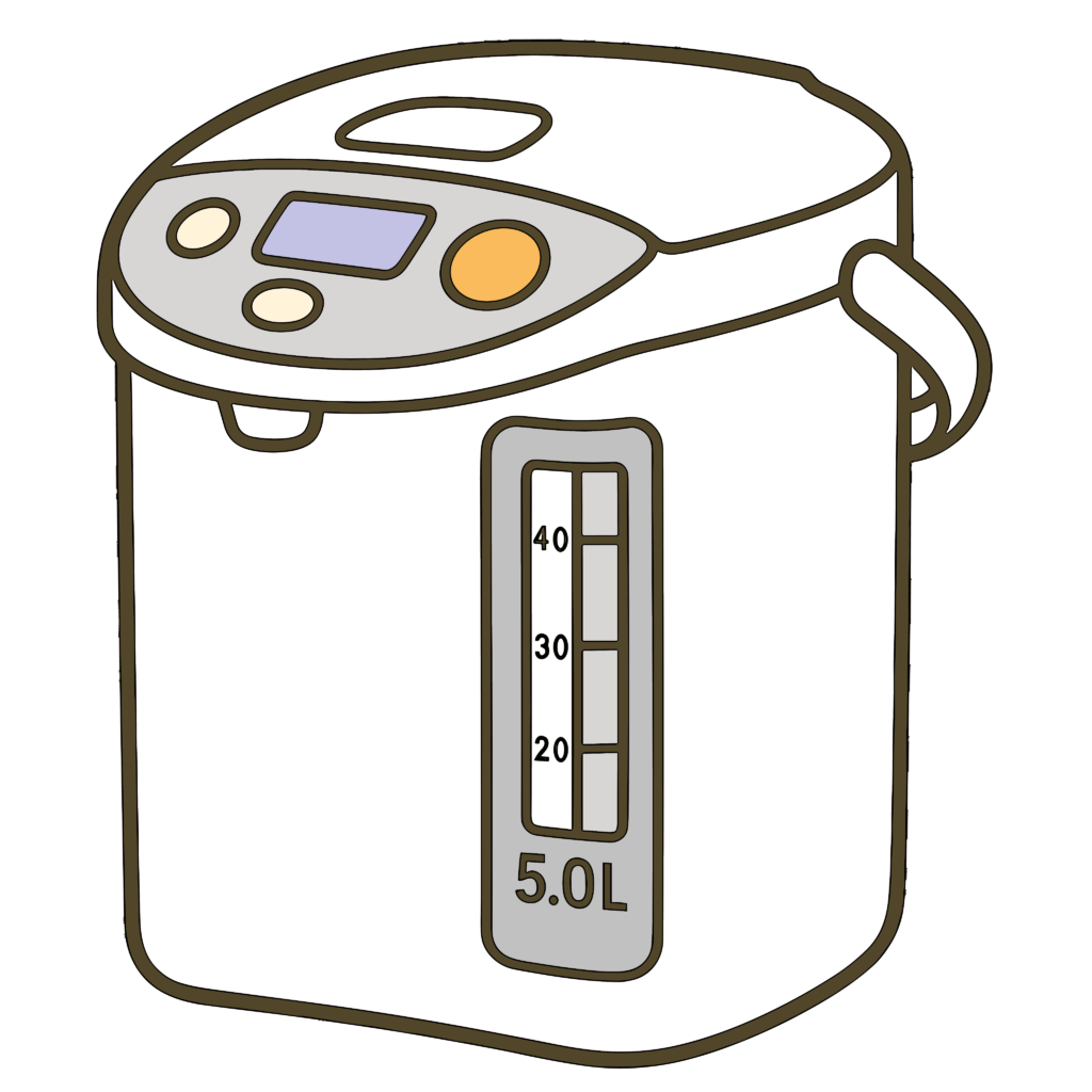 かわいい電気ポットのイラスト。簡単で無料の背景透過素材。ダウンロードしてアイコンにも使えます。