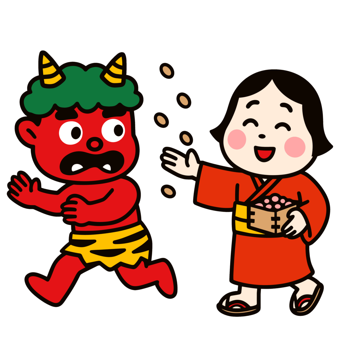 かわいい豆まきをする福の神（お多福）と逃げる赤鬼のイラスト｜簡単
