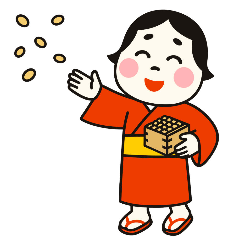 かわいいおかめの豆まきイラスト素材。簡単・無料でダウンロードできるアイコンタイプのフリー素材です。