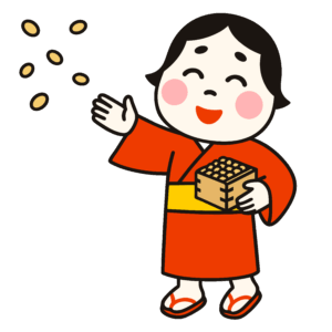 かわいいおかめの豆まきイラスト素材。簡単・無料でダウンロードできるアイコンタイプのフリー素材です。