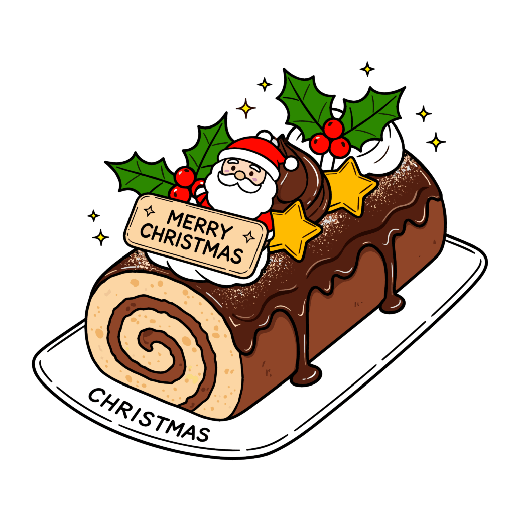 かわいいサンタのブッシュドノエルのイラスト。簡単で無料の背景透過素材。ダウンロードしてアイコンにも使えます。