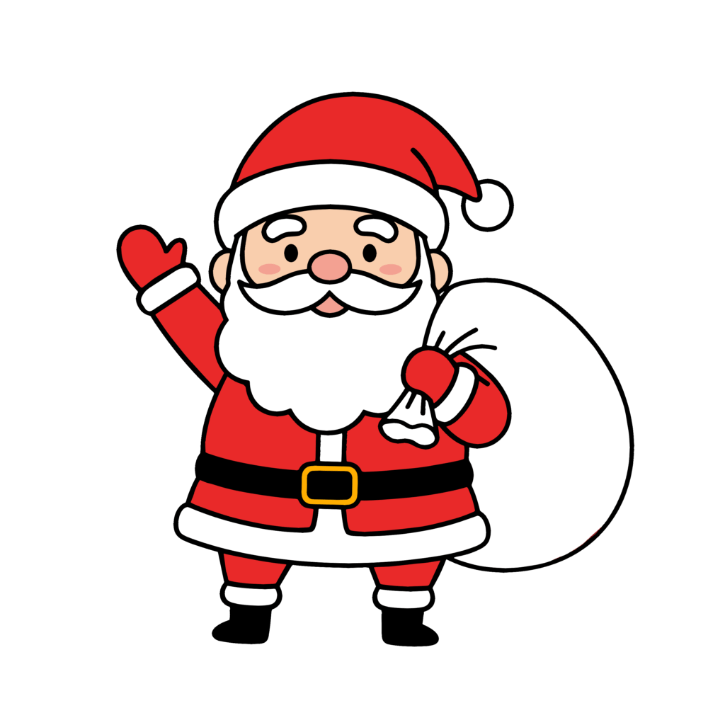 かわいいサンタクロースのイラスト。簡単で無料の背景透過素材。ダウンロードしてアイコンにも使えます。