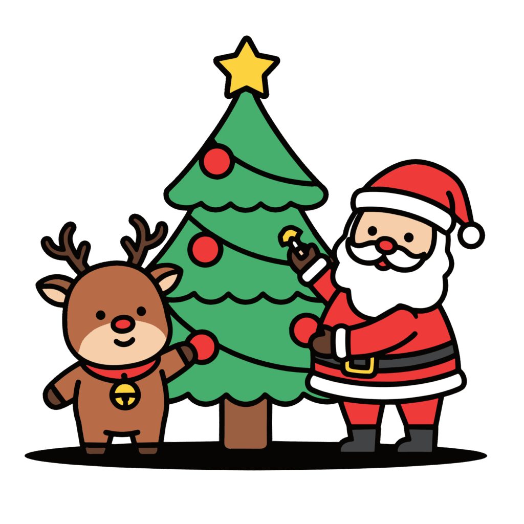 かわいいサンタとトナカイのイラスト。簡単で無料の背景透過素材。ダウンロードしてアイコンにも使えます。