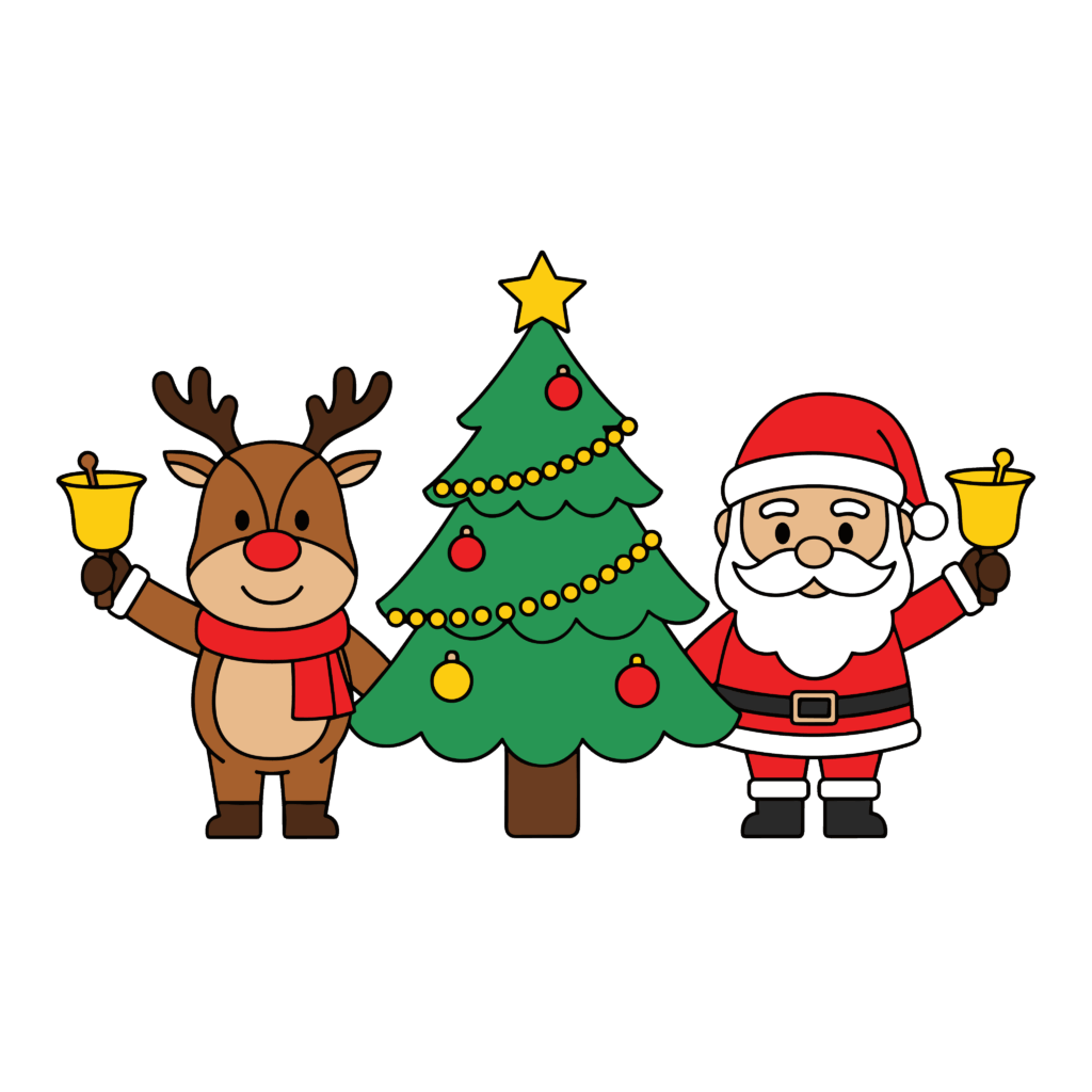 かわいいサンタとトナカイとツリーのイラスト素材。簡単・無料でダウンロードできるアイコンタイプのフリー素材です。