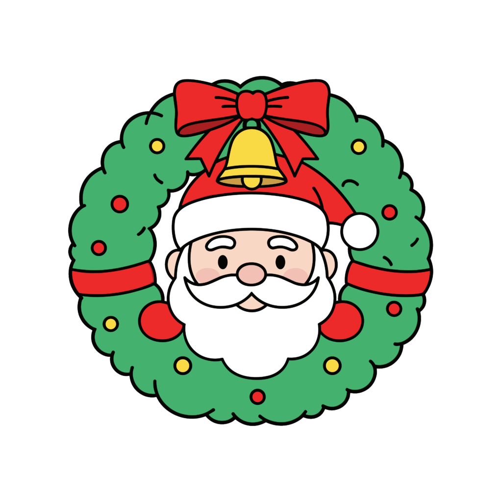 かわいいサンタクロースとリースのイラスト素材。簡単・無料でダウンロードできるアイコンタイプのフリー素材です。