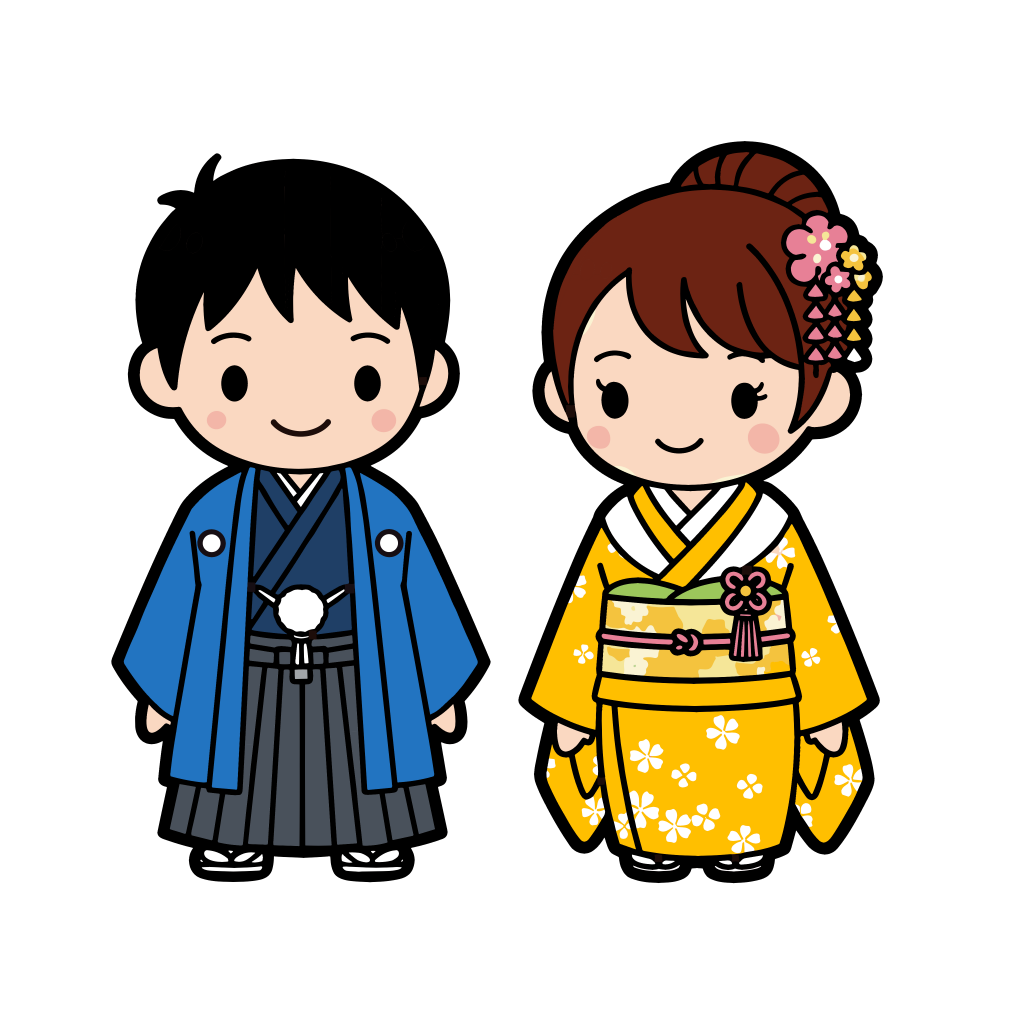 かわいい和装の男女のイラスト素材。簡単・無料でダウンロードできるアイコンタイプのフリー素材です。