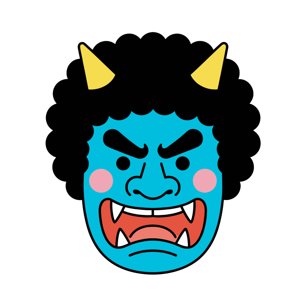 怒った表情の青鬼の顔イラスト。節分に使いやすい背景透過PNGの無料素材