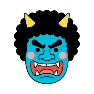 怒った表情の青鬼の顔イラスト。節分に使いやすい背景透過PNGの無料素材